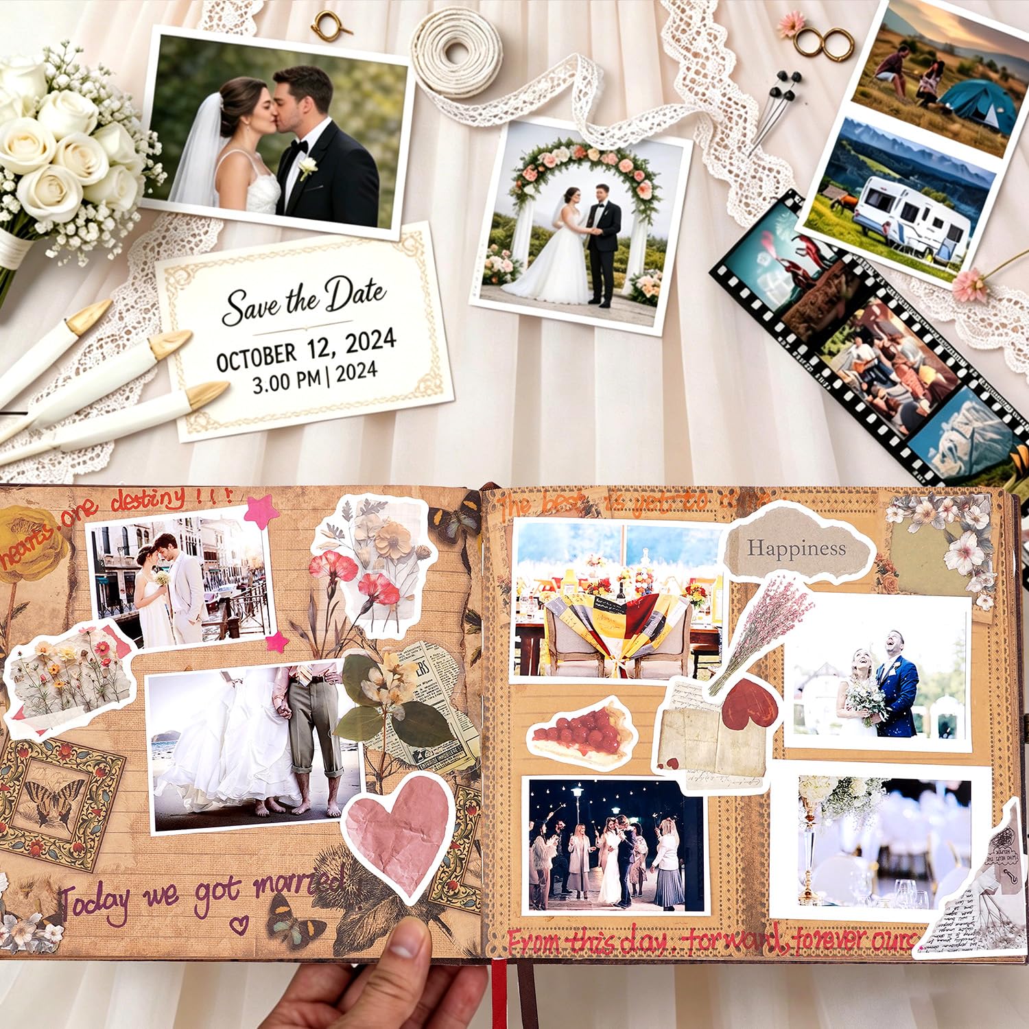JIMBON Our Adventure Book Scrapbook Photo Album Retro Style Embossed Letter Cover Travel Diary Journal Scrap Book Kit For Couples,Memory Book For view 7