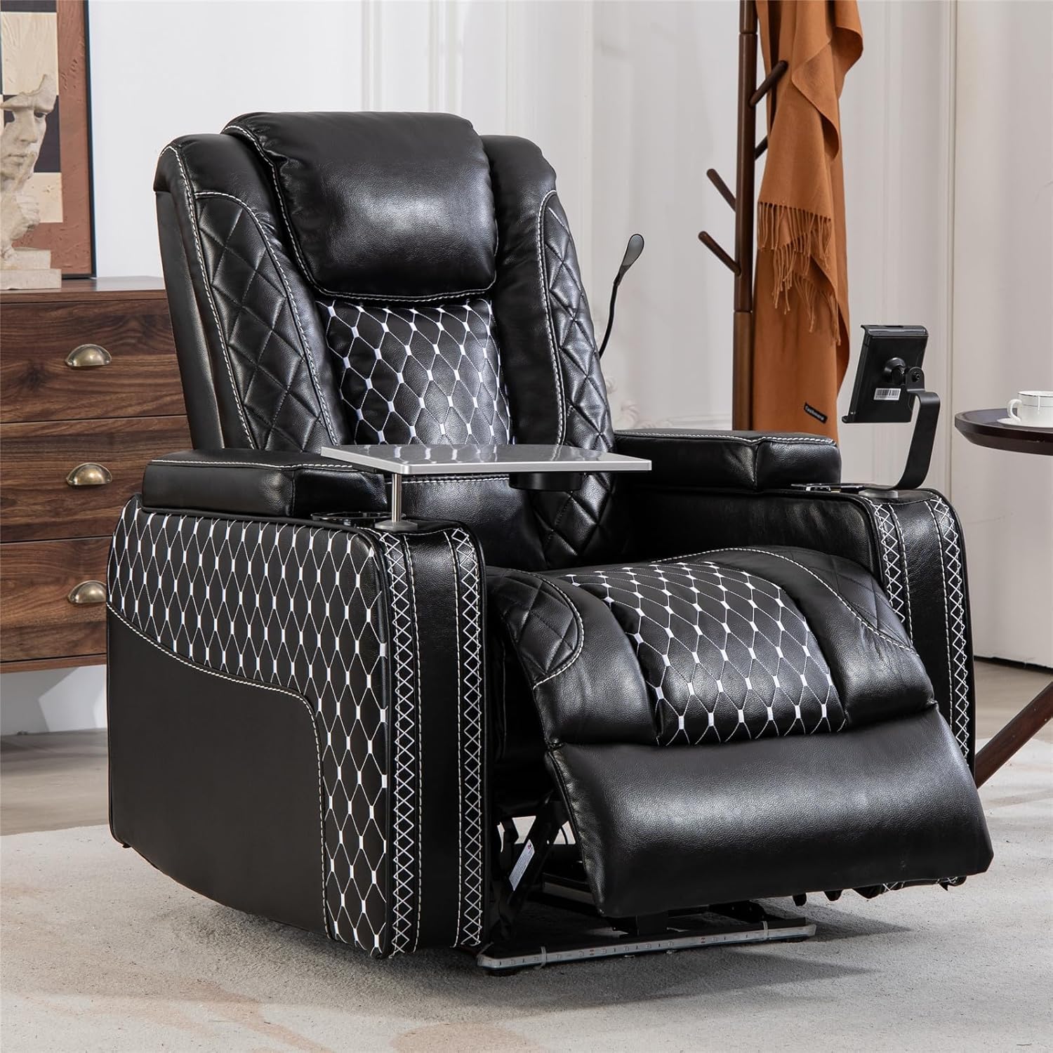 Zero Gravity Recliner Indoor, Faux Leather Recliner with Ambient Lighting, Multifunctional Ovesized Home Theater Seating with Storage Armrest & Cup Holder for for Adults Big and Tall Man