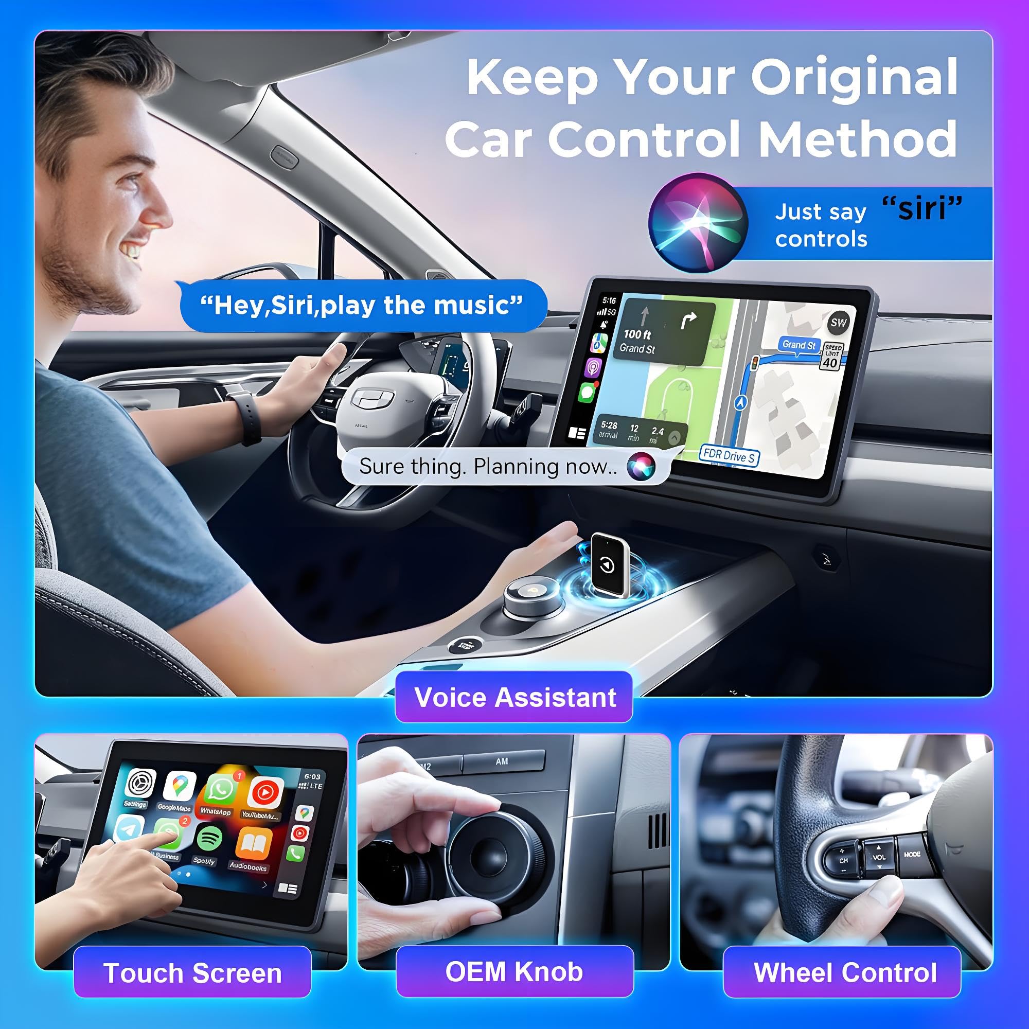 Bezprzewodowy adapter CarPlay do iPhone'a, konwertuj przewodowy na bezprzewodowy adapter Apple CarPlay, Plug & Play, bez opóźnień i stabilne sterowanie, mini rozmiar, USB i USB-C/typ C do samochodów