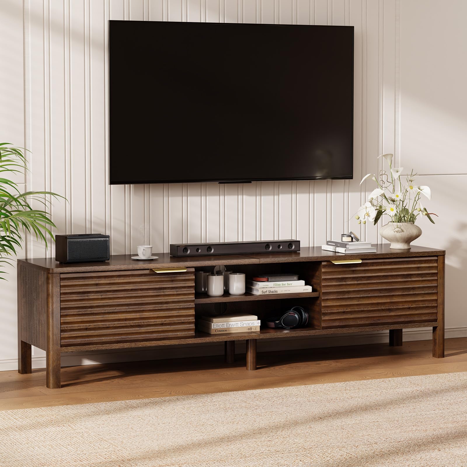 IKALIFE Wooden TV Stand Cabinet - 150cm Long TV Unit With Storage And Adjustable Shelves, Television Console Table for TVs up to 65 inch, Media Entertainment Center For Living Room Bedroom, Walnut