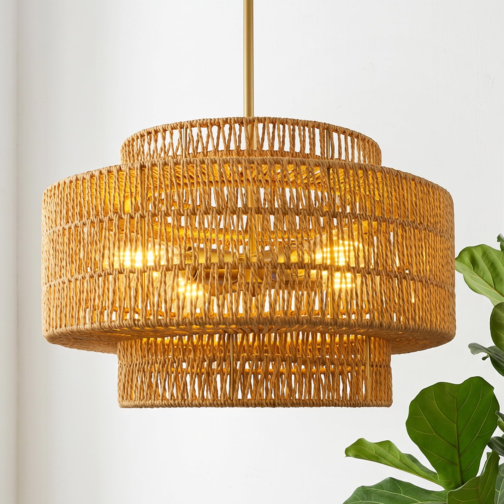 18" Boho Rattan Chandelier, Gold Finish, AD-25050-4P-GD