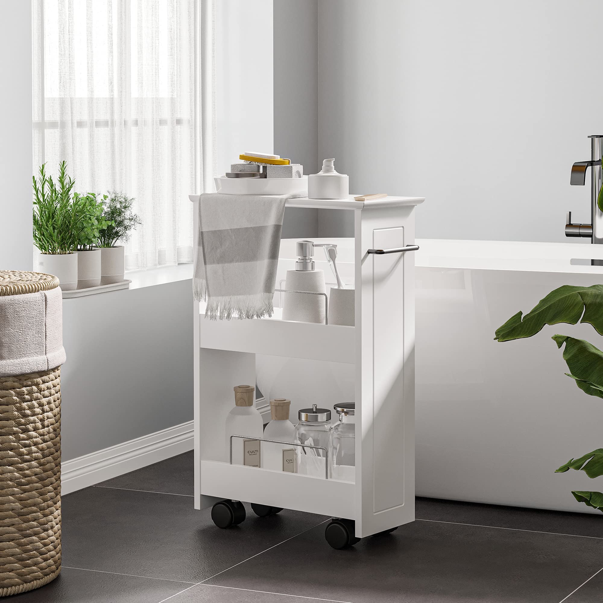 kleankin Carrello da Cucina Salvaspazio, Carrello da Bagno di Design, Multiuso, Salvaspazio, Scaffale in Legno MDF, Ruote Girevoli e Maniglia, 42.5x20.3x66.7cm, Bianco
