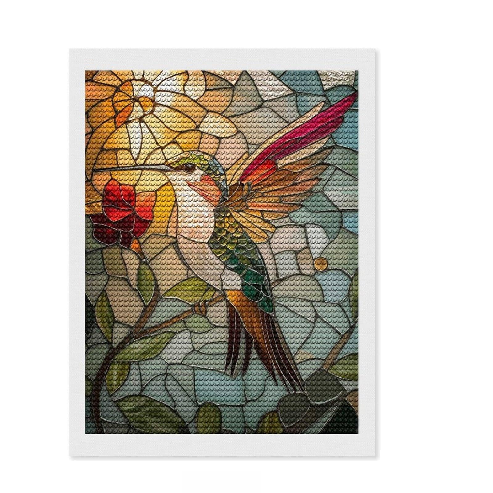 Junmoney Stained Glass Hummingbird Round Drill Diamond Painting 12"x16", with Tool Kit, Easy to Follow Symbols, Farmhouse Decor, for Craft Lovers