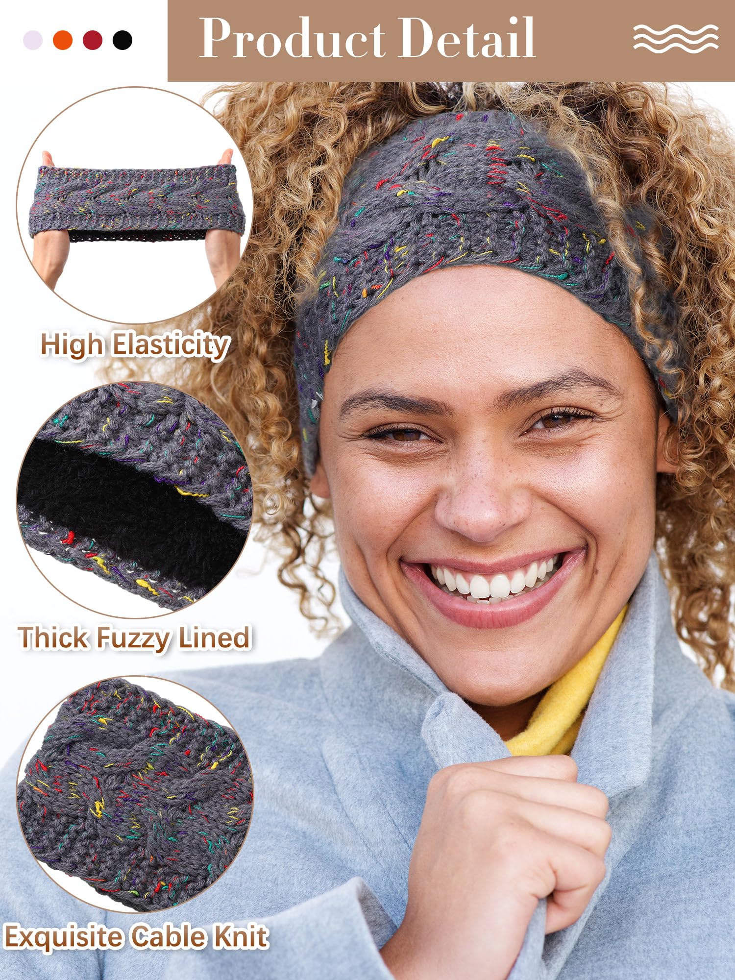 Geyoga Lot de 7 bandeaux d'hiver en tricot torsadé pour femme avec doublure en polaire pour temps froid (couleurs rétro)