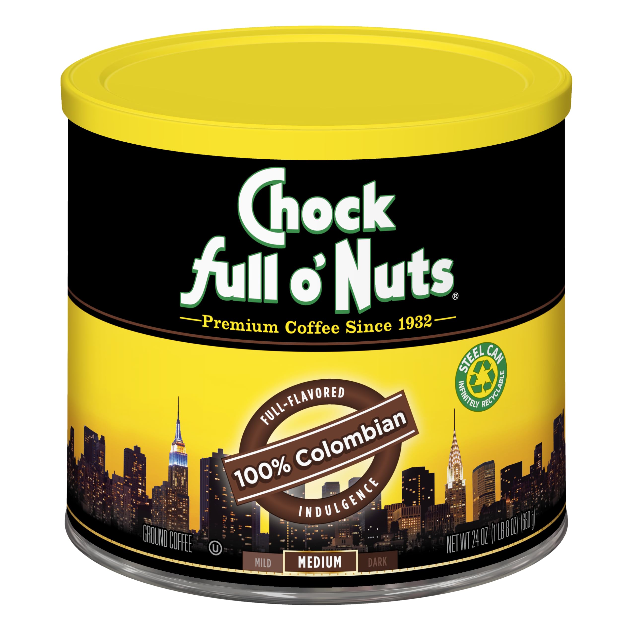 Chock Full o' Nuts Ground Coffee - Colombian, 24 oz Can | Medium Roast, Premium Beans in Recyclable Steel Can, Rich Flavor and Aroma, Perfect for Drip, Pour-Over, Percolator