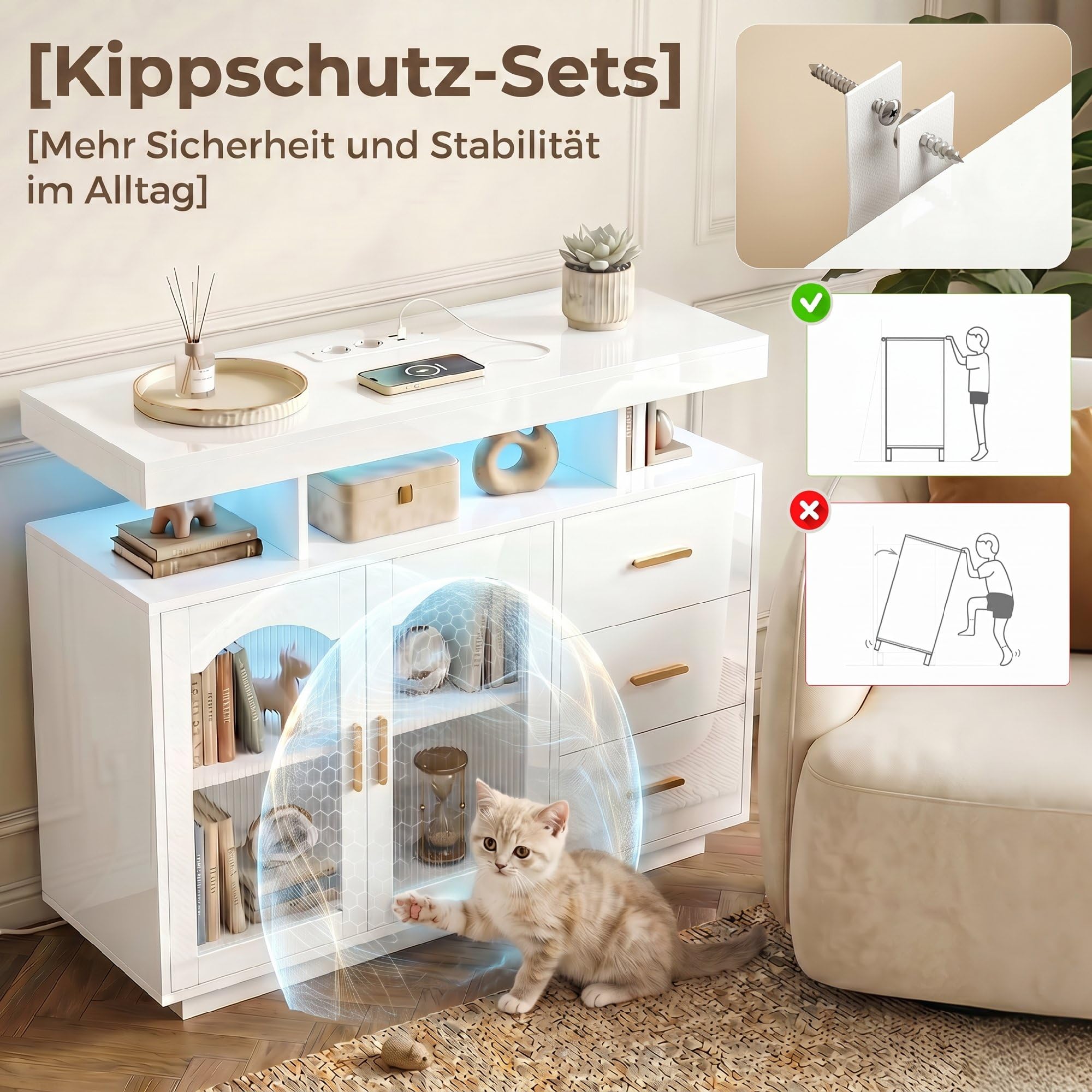 HOMCOM Küchenschrank mit LED, Steckdosen 100x35x80 cm Hochglanz Weiß | Sideboard, 3 Schubladen, 2 Acryl-Türen, Buffetschrank, Soft-Close-Funktion, für Küche, Esszimmer