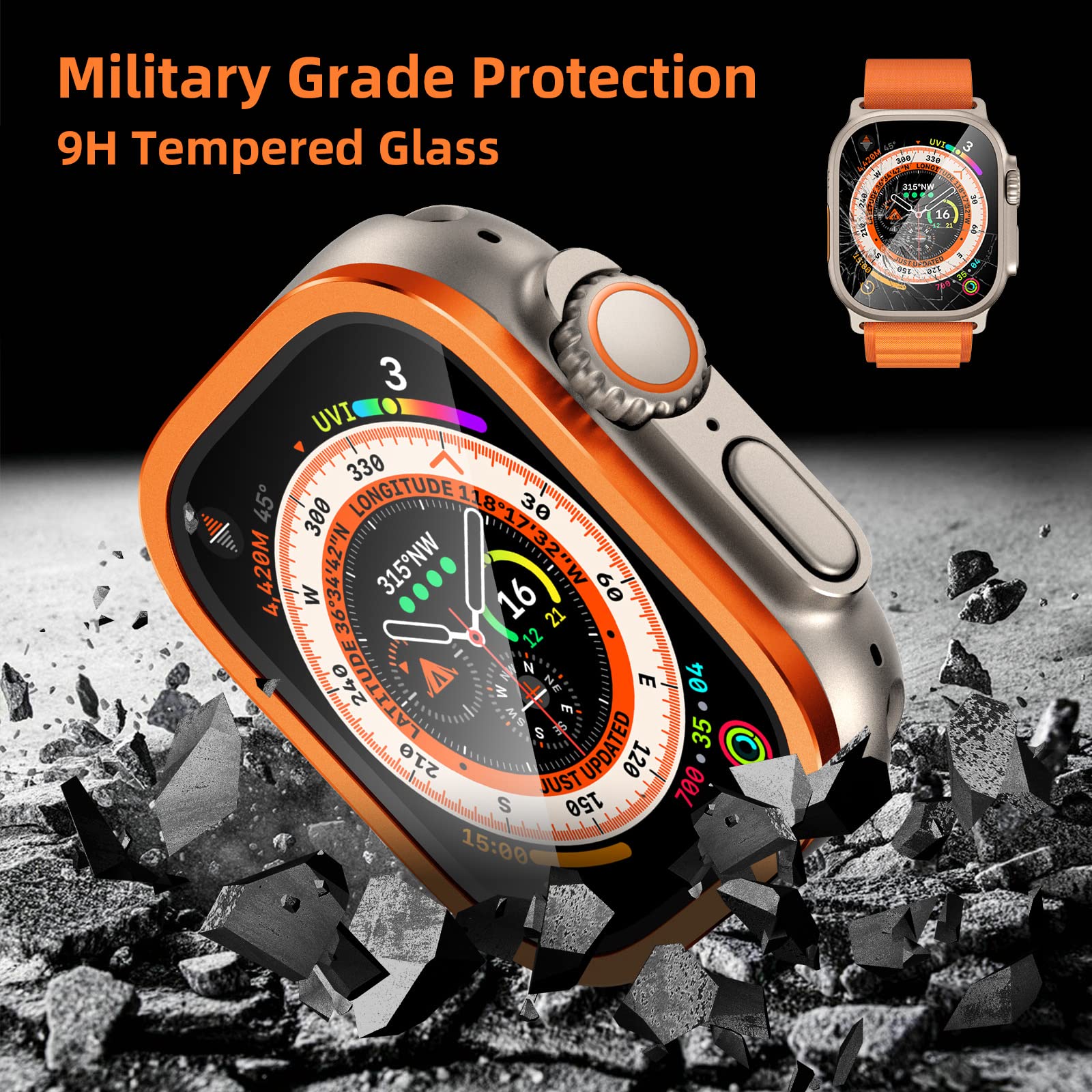 SWUU Paquete de 2 fundas de metal resistentes compatibles con Apple Watch Ultra de 49 mm con protector de pantalla de vidrio templado, naranja y titanio