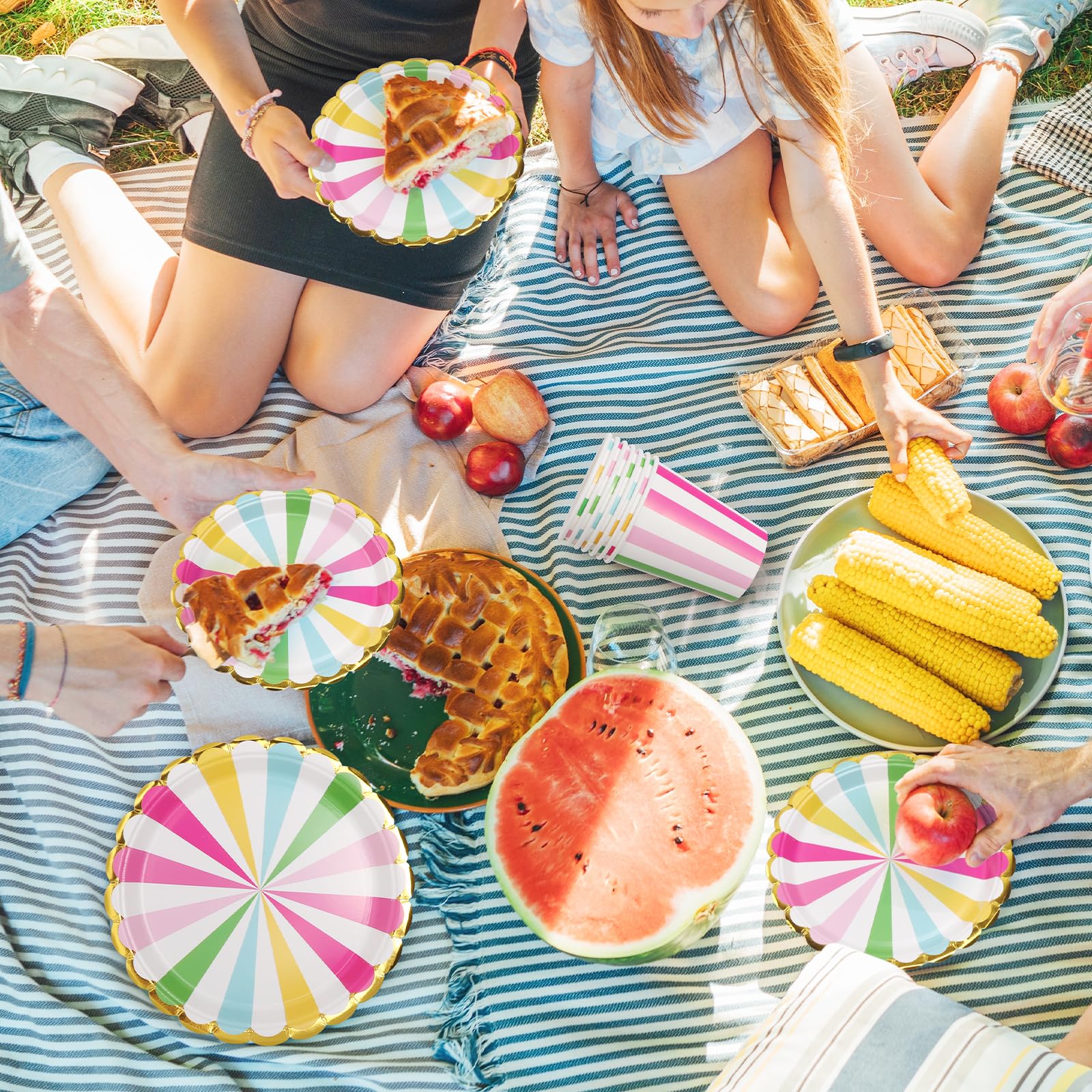 96 Pezzi Stoviglie per Feste Per 24 Ospiti Con Piatti Carta Colorati Strisce Usa e Getta di Carta Party Tazze Tovaglioli, Piatti Carta per Compleanno, Nuziale Doccia, Fidanzamento, Matrimonio