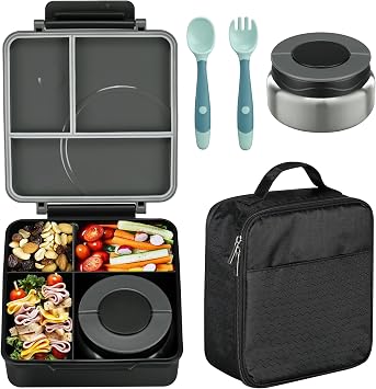 Bento Lunch Box Set for Kids with 8oz Soup Thermo, Leak-Proof Lunch Containers with 4 Compartment, Kids Thermo Hot Food Jar and Insulated Lunch Bag for Kid to School-Black