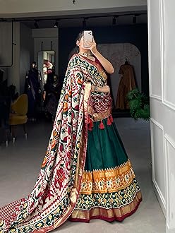 SarathybizWomen Tussar Silk With Leheriya And Foil Print Lehenga choli Set (green)