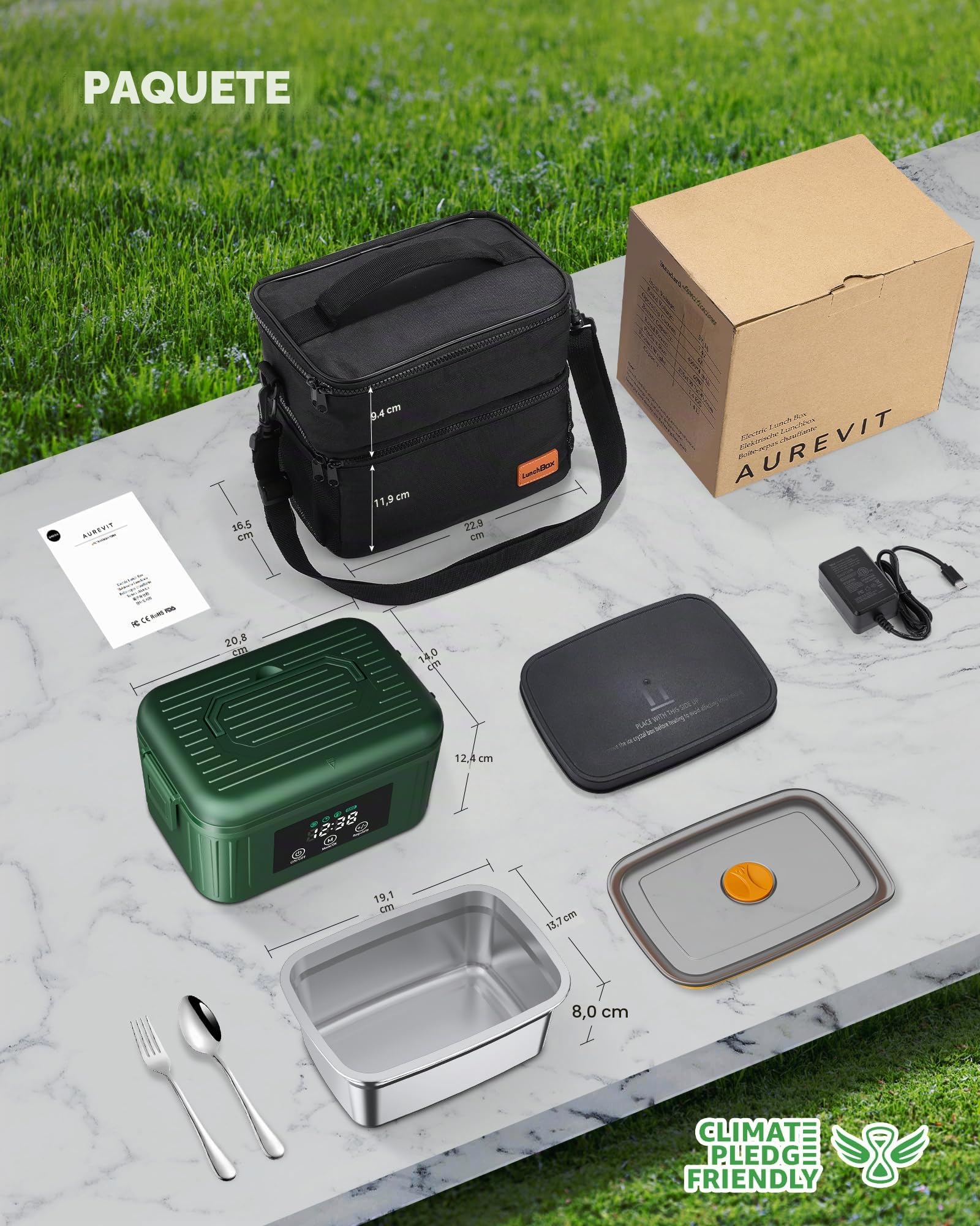 Fiambrera Eléctrica Inalámbrica 1,4L para Adultos, Lunch Box Calefactable que Prepara tu Comida a la Hora Deseada con Mantenimiento Automático, Calentador Portátil con Bolsa Isotérmica (Verde)