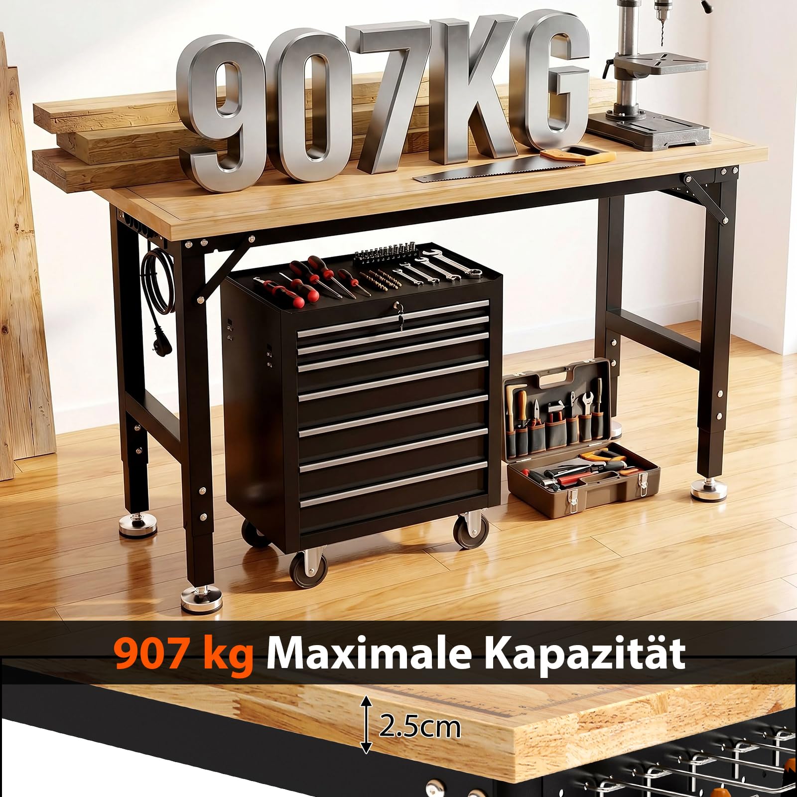 TLGREEN Schwerlast Werkbank aus Gummibaumholz, 122cm Arbeitstisch 5-stufig Verstellbare Höhen, Werktisch mit Steckdosen und Stecktafel, 907kg Tragkraft,15PCS Haken,Garagentisch für Werkstatt Büro Haus