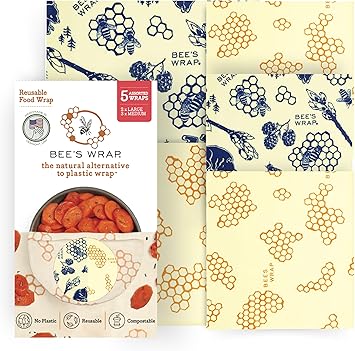 Bee's Wrap Beeswax Wraps for Food - Made in USA Reusable & Organic Food Wraps & Bowl Covers - Eco-Friendly Alternative to Aluminum Foil, Honeycomb & Bees + Bears Assorted 5 Pack (2L, ...