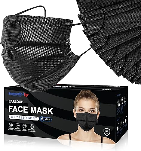 Cubrebocas desechables de 4 capas, transpirables, color negro, 50 unidades, 100 unidades (negro)