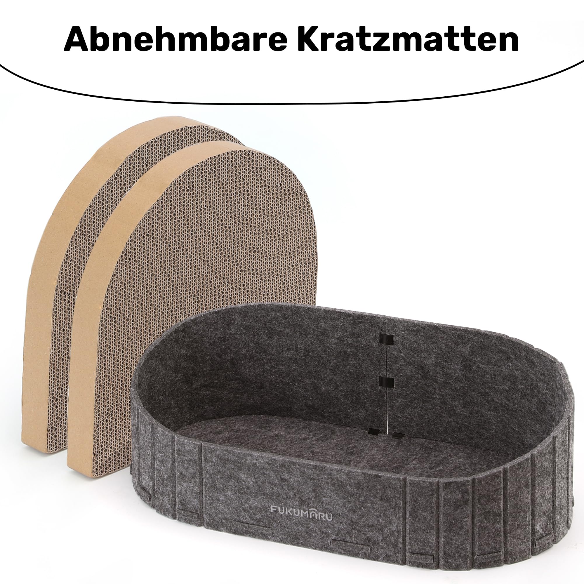 FUKUMARU Kratzbrett für Katzen, 61 cm Kratzpappe in Sofa-Form, Umkehrbares Katzenbett, Runde Kratzpads aus hochwertiger Filz und Karton, Dunkelgrau.