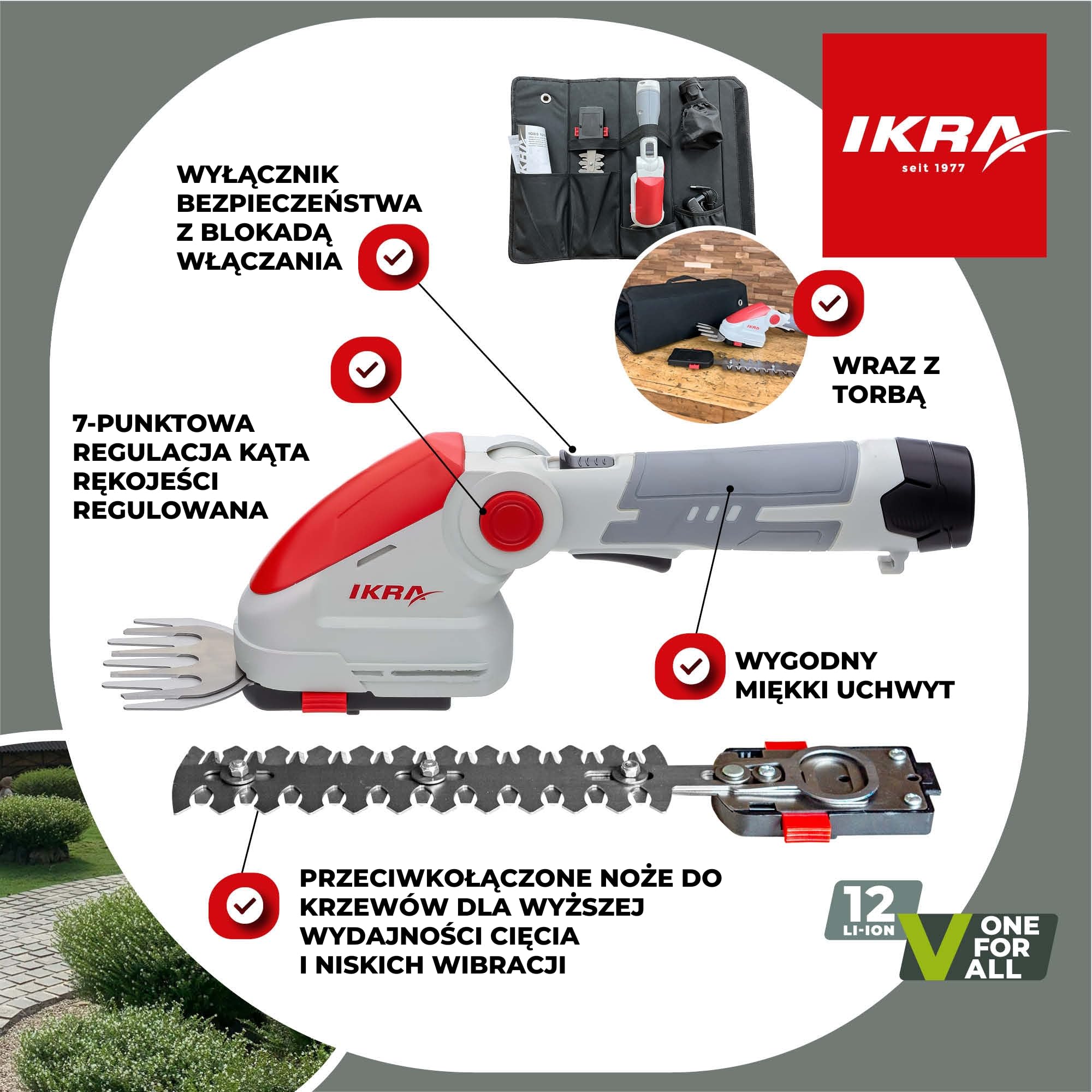 IKRA Nożyce akumulatorowe 2w1 do trawy i krzewów IGBS 1210 torba w zestawie | Akumulator 12V i ładowarka w zestawie, 7-stopniowa regulacja uchwytu,ostrze Made in Germany,kompatybilność IKRA 12V