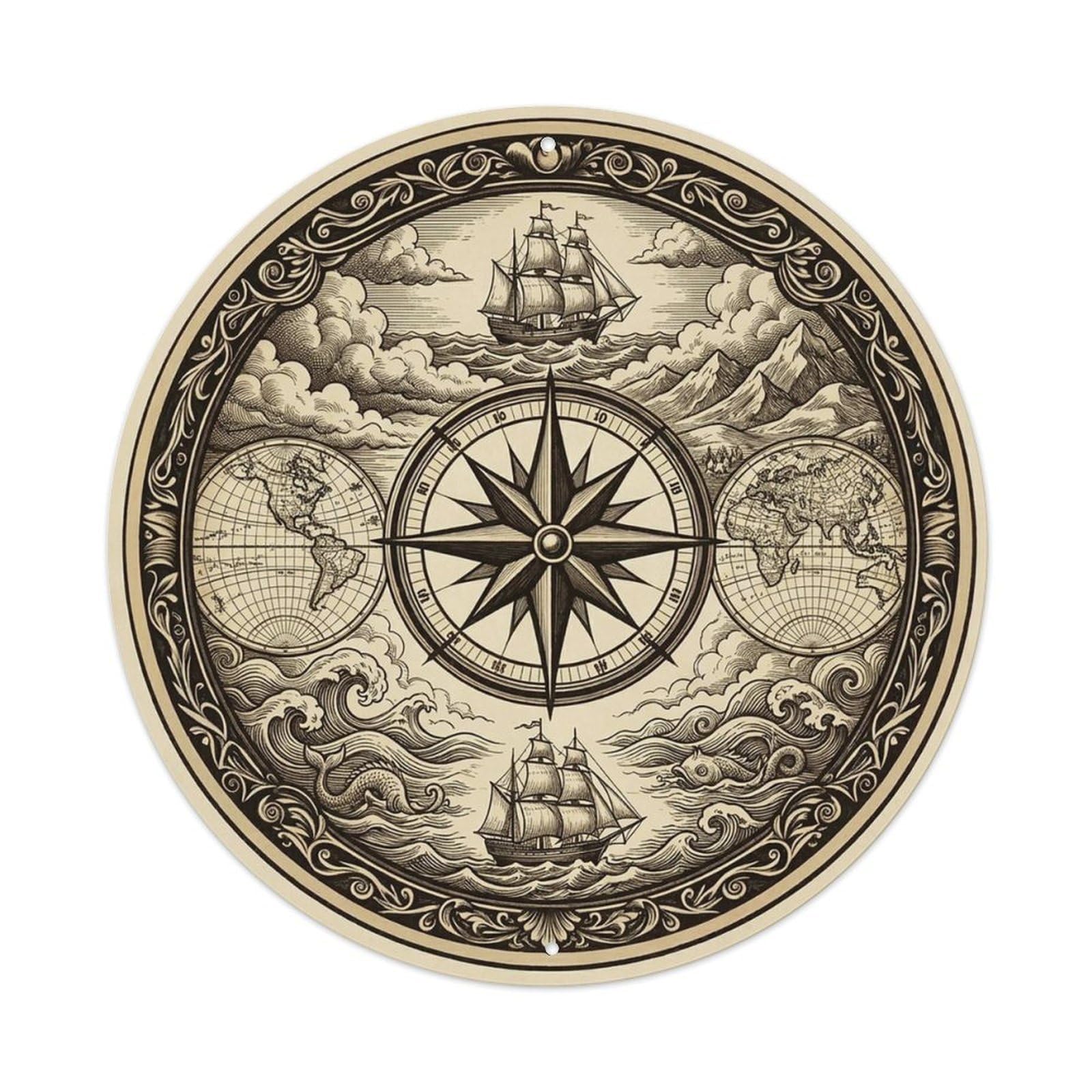 Vintage Nautical Compass World Map Sextant Legacy Metal Tin Sign
