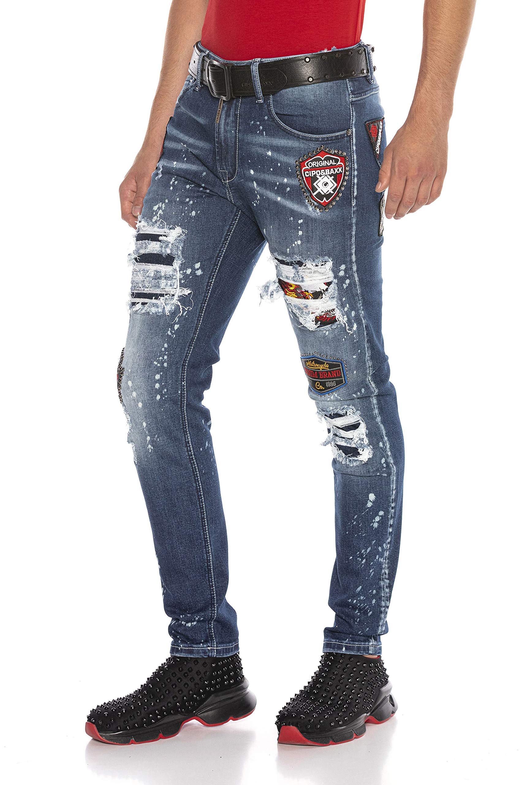 Cipo & Baxx Pantalones vaqueros rectos para hombre, pantalones vaqueros con corte de parches.