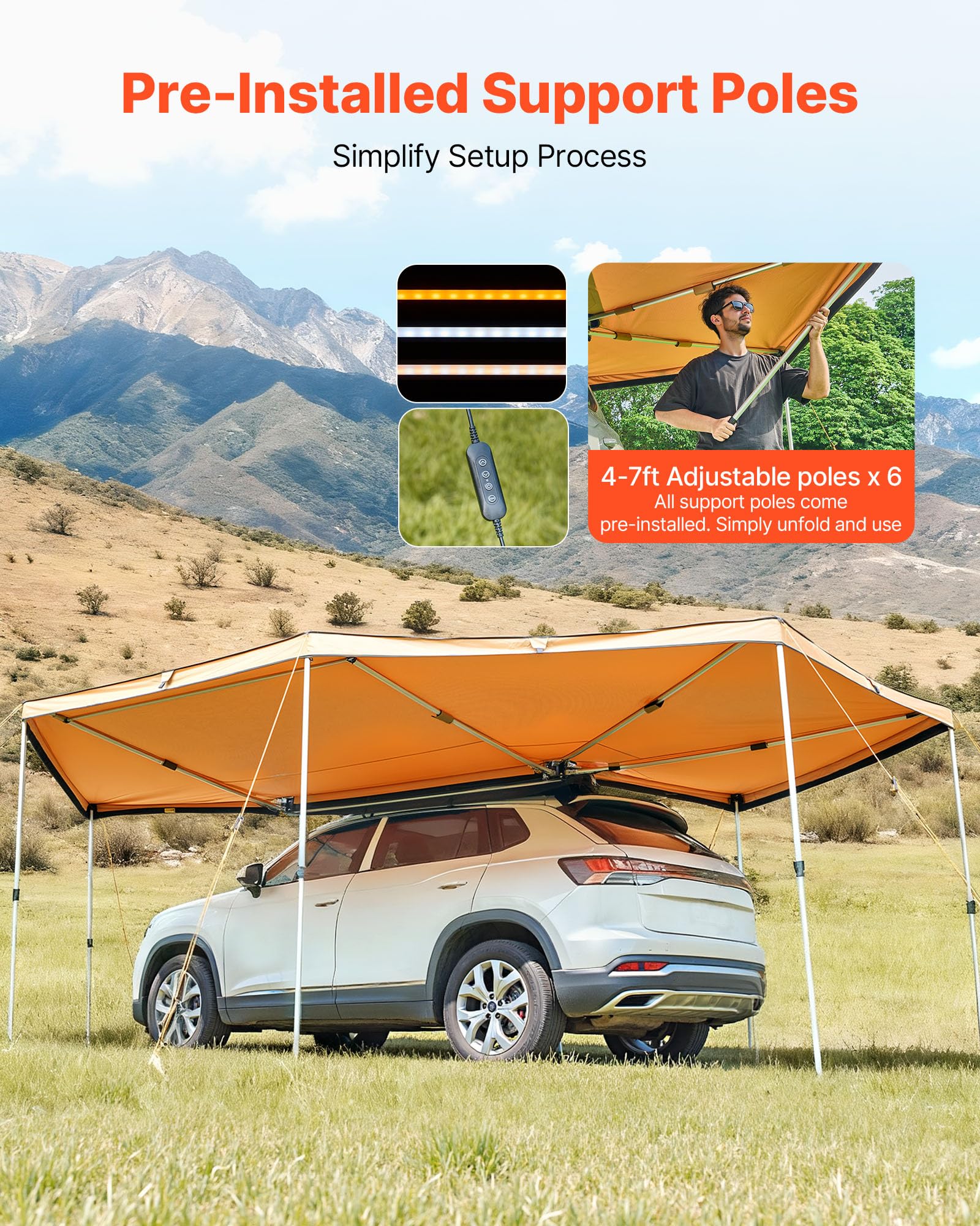VEVOR Auvent 270 Degrés 6,09x2,10 m Auvent Voiture Latéral Rétractable Abri Autoportant Toutes Saisons pour Véhicule SUV Fourgonnettes Camionnettes Camping, Éclairage LED Intégré Imperméable UV50+