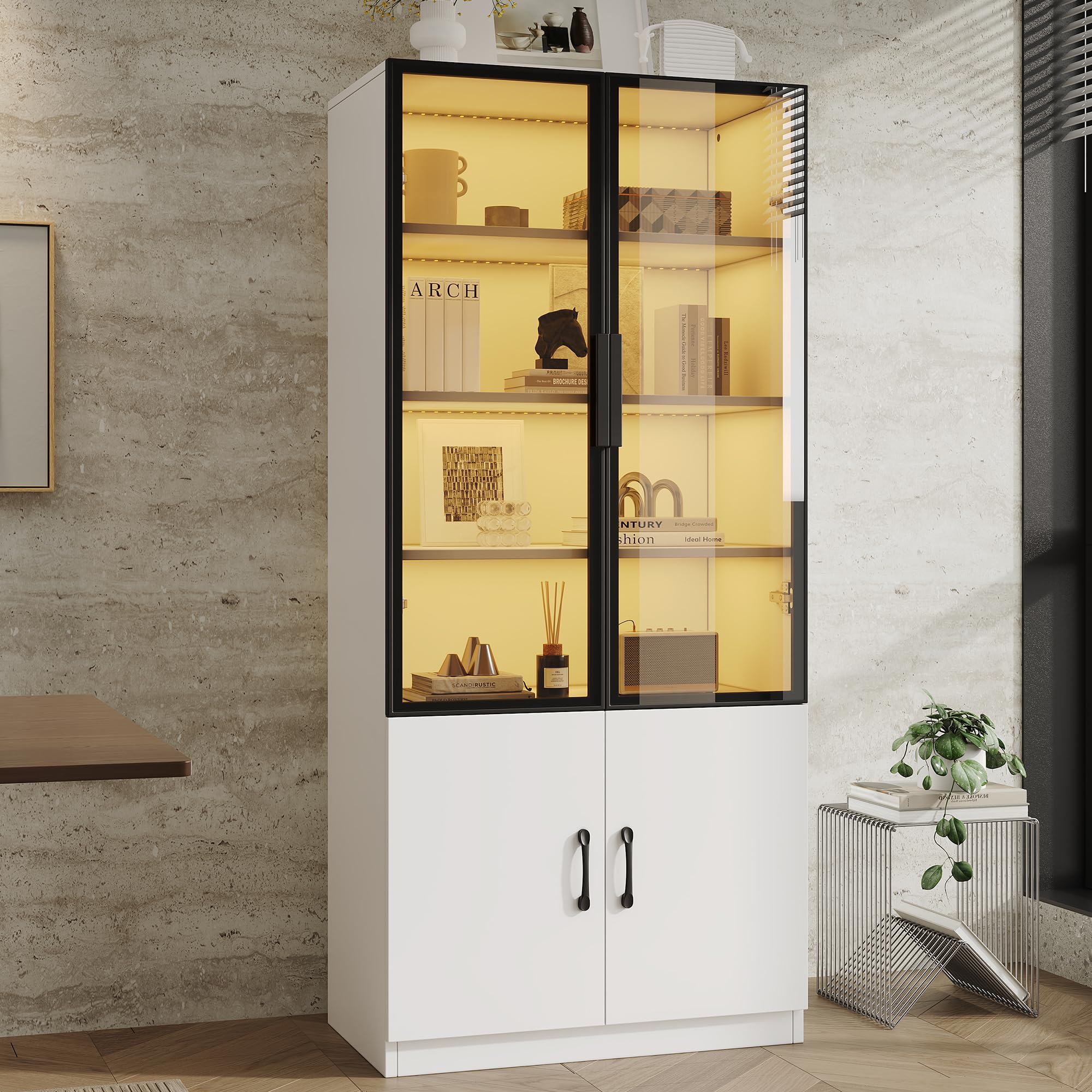 60 x 40 x 160 cm, vetrina in vetro fumé con telaio in alluminio, due ante nella parte inferiore, libreria, credenza, bianco