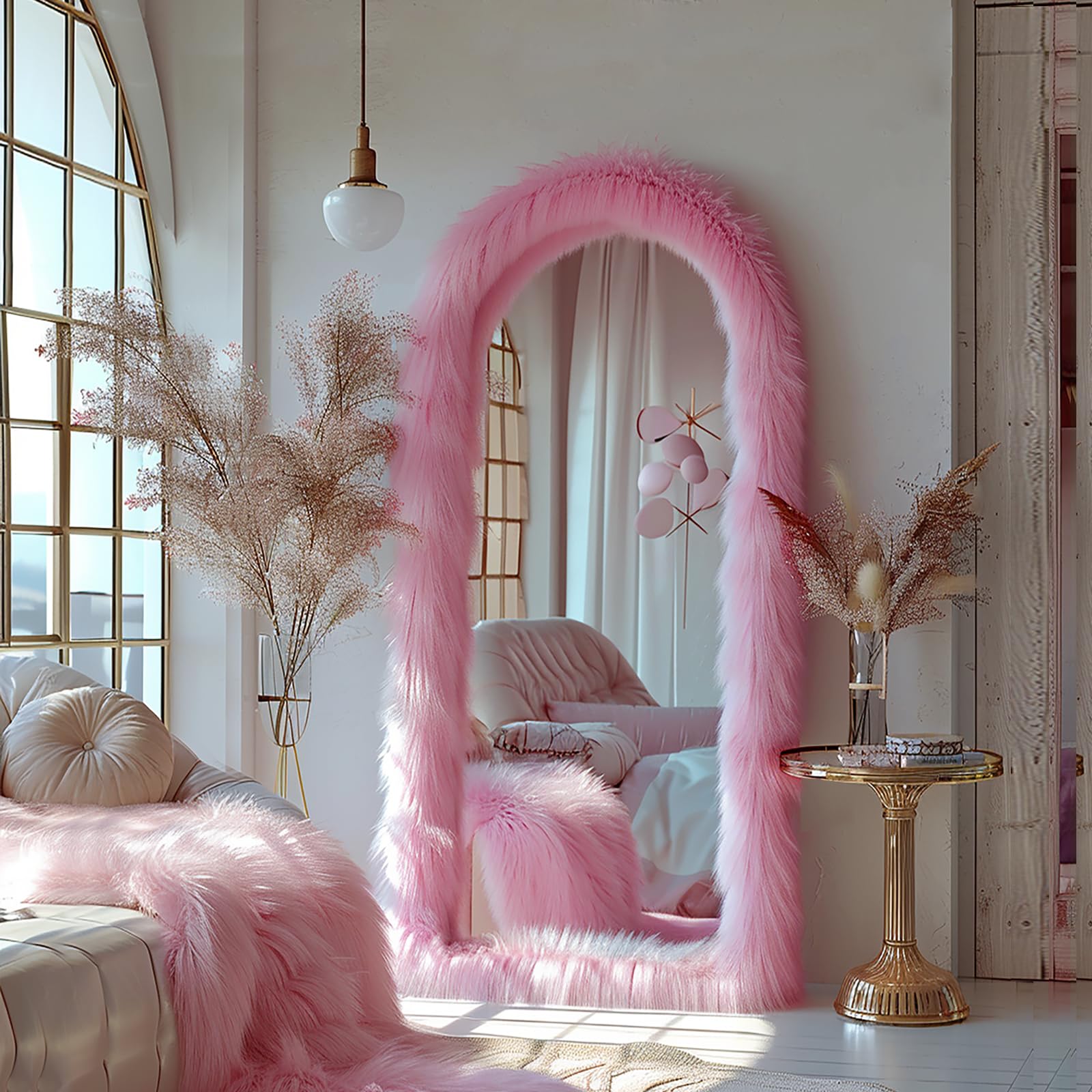 arched full length mirror free standing shaggy faux fur framed full body floor mirror wall mounted leaning hanging wall for bedroom living room entrance hallway, 63"x24", pink