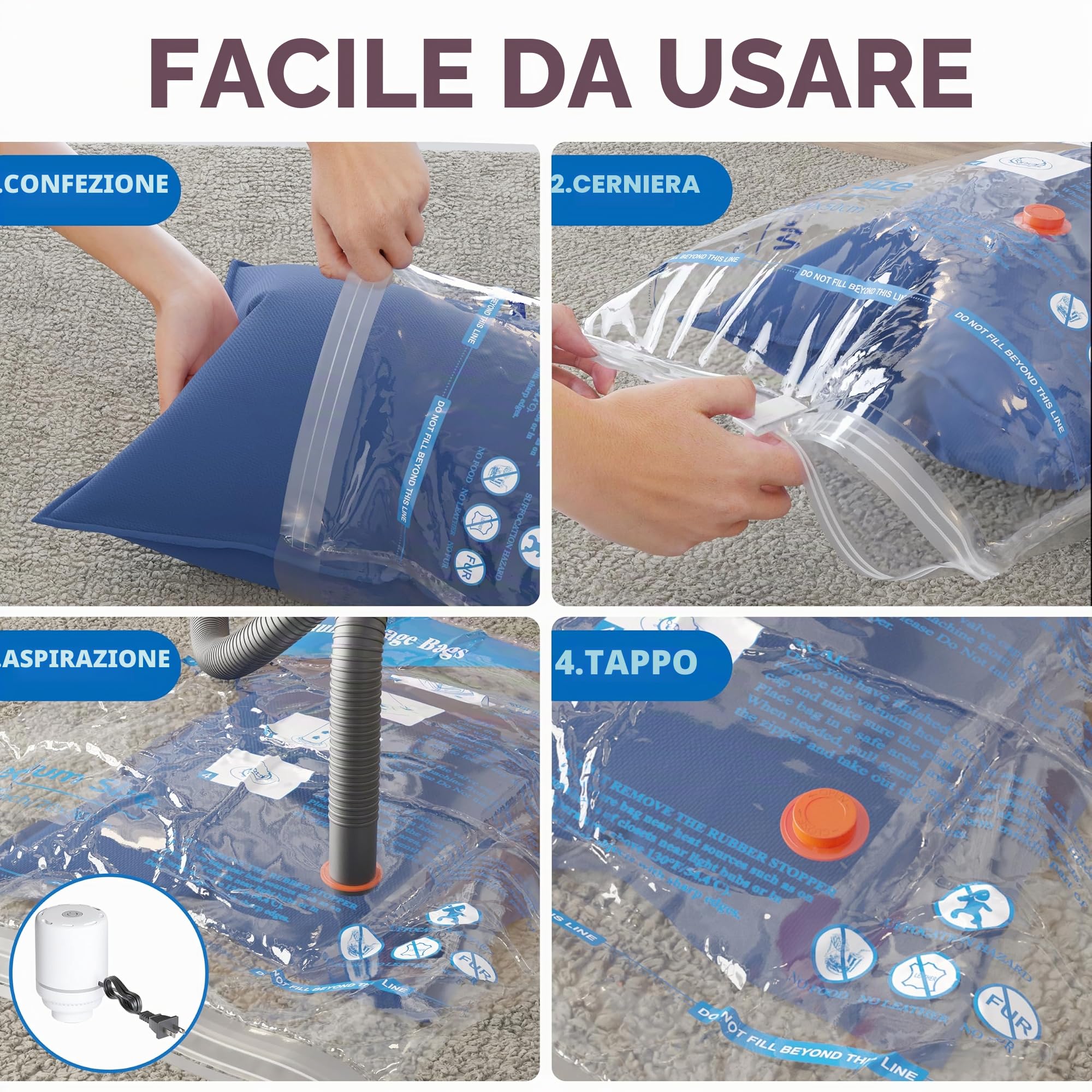 MEIQIHOME Confezione da 24 sacchetti sottovuoto in Poliester con Pompa ad Aria Elettrica, Sottovuoto, 24 Combo-EPUMP