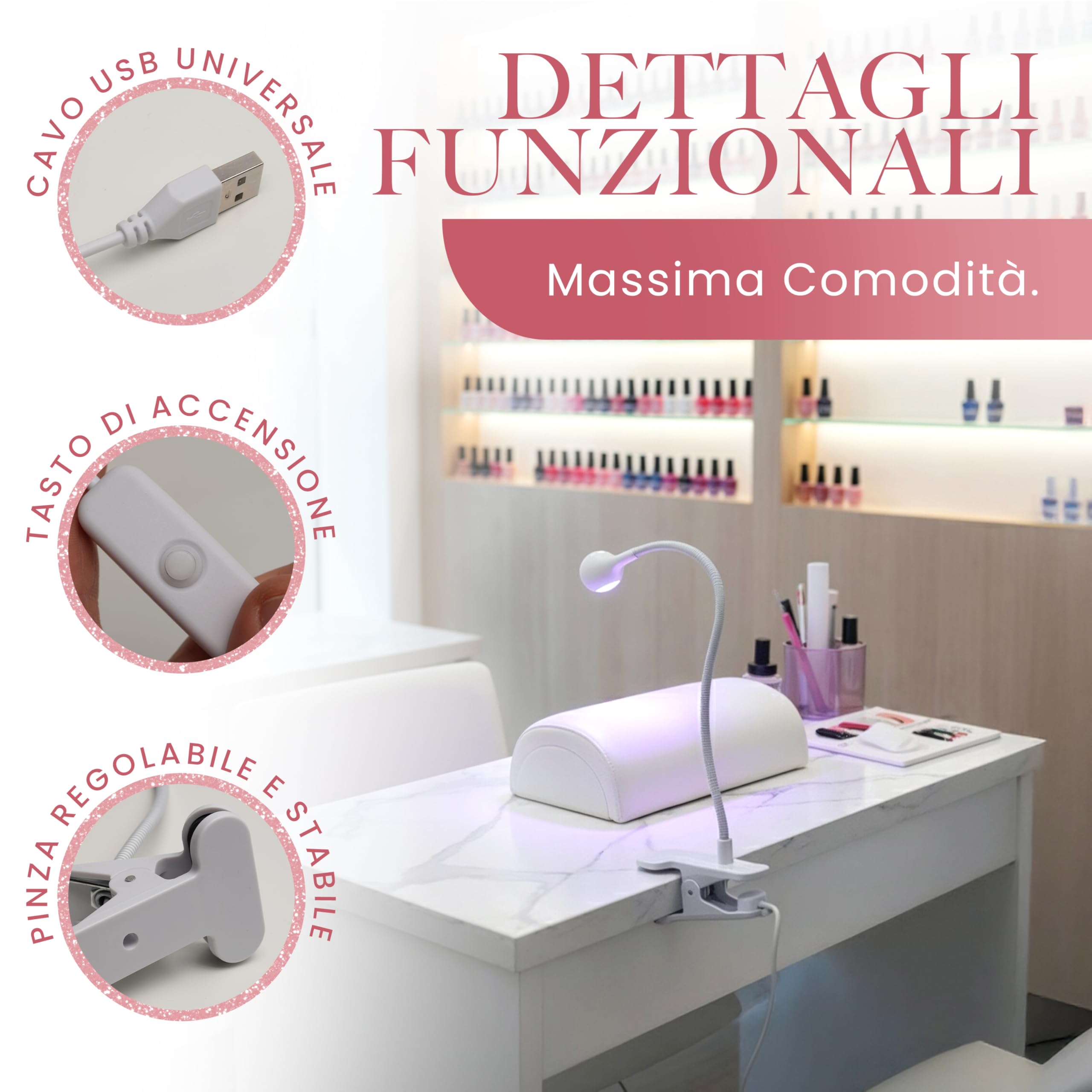 Lampada UV LED Unghie con Clip da Tavolo, Mini Lampada Portatile per Semipermanente e Nail Art, Braccio Flessibile Rotazione 360°, Pulsante On/Off sul Cavo, Luce per Manicure da Casa