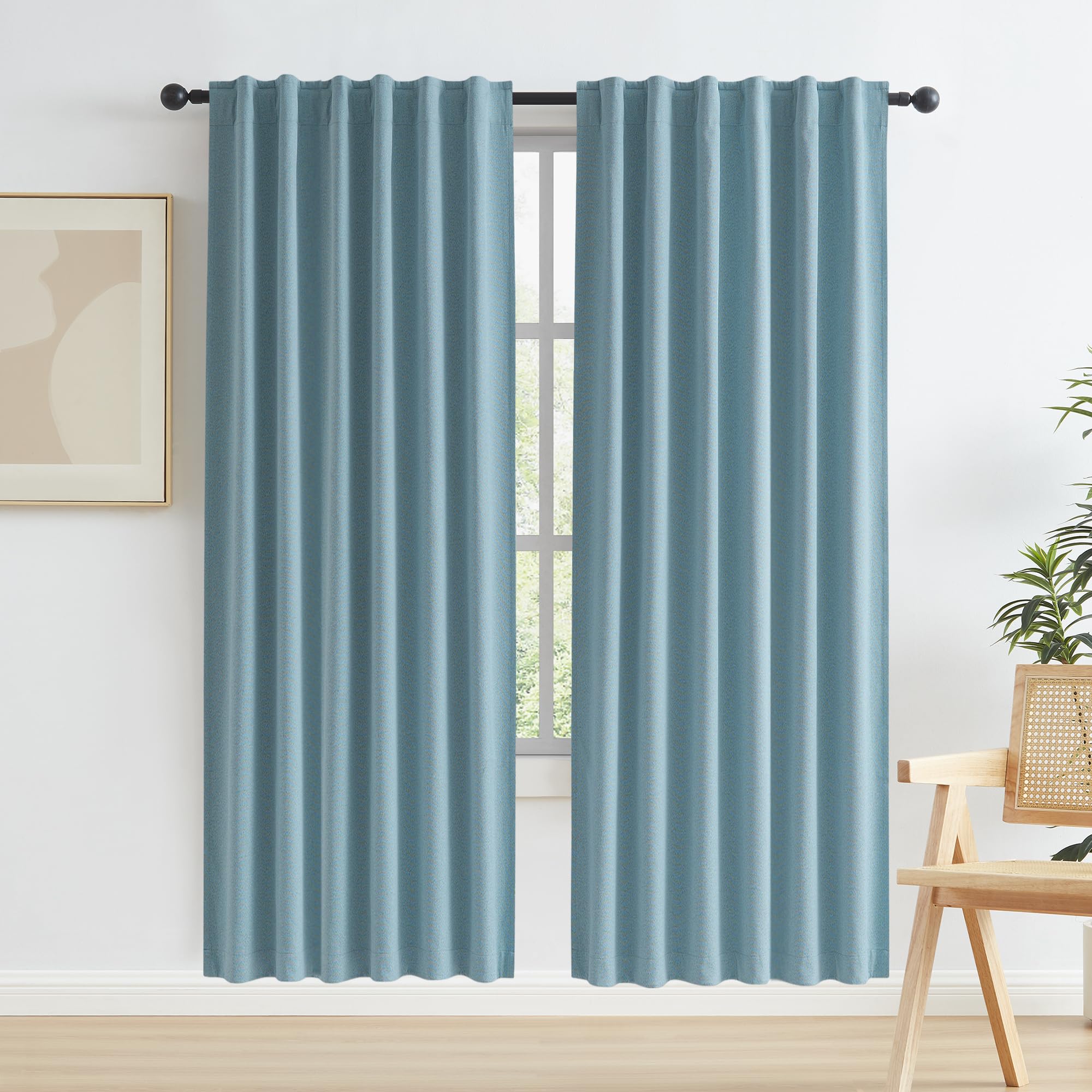 KEQIAOSUOCAI Full Blackout Linen Curtains 72 Inch Drop 2 Panels, Heat and Full Light Blocking Thermal Insulated Drapes for Bedroom Back Tab Rod Pocket Hook Belt(Dusty Blue,50 Inch Wide Each Panel)