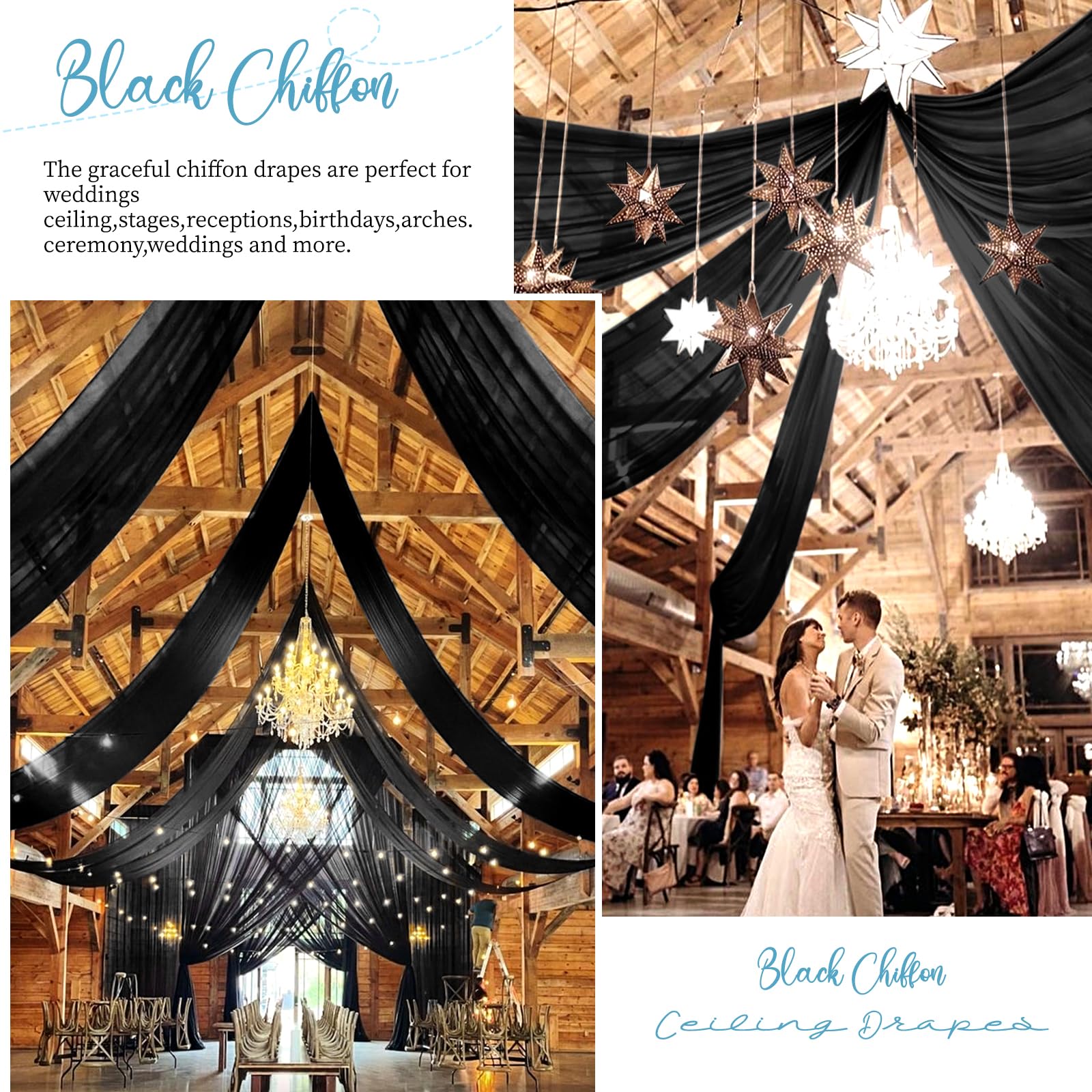 6 paneles de cortinas de techo negras para boda, cortinas de techo de 5 x 20 pies, cortinas transparentes de tela de gasa para decoración de techo de boda, ceremonia, escenario de boda