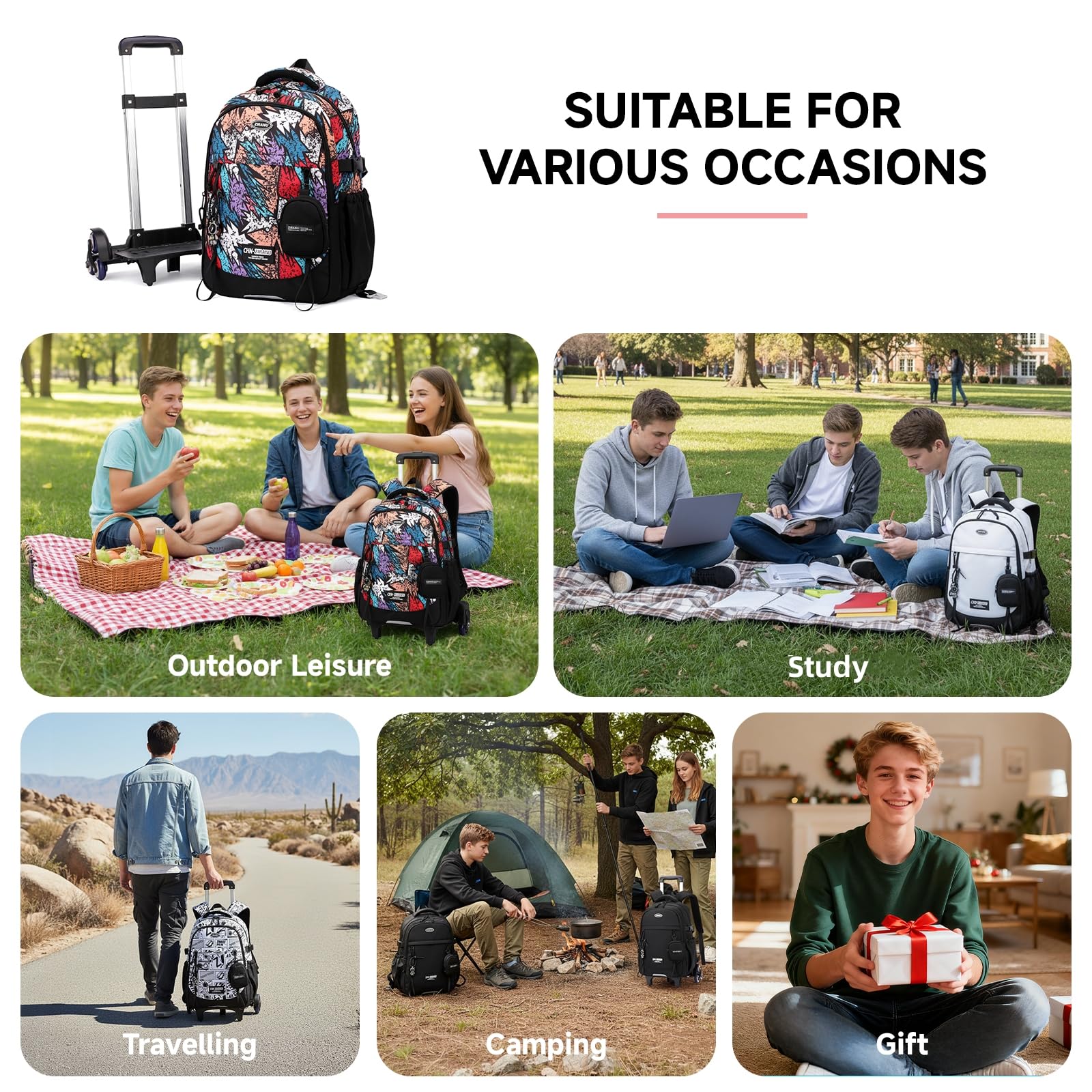 Amythe Sac à Dos à roulettes Garçons Collège, Cartable Scolaire à Chariot Détachable pour Garçons, Poche Ordinateur 15.6", 6 Roues pour L'école, Voyages et Loisirs