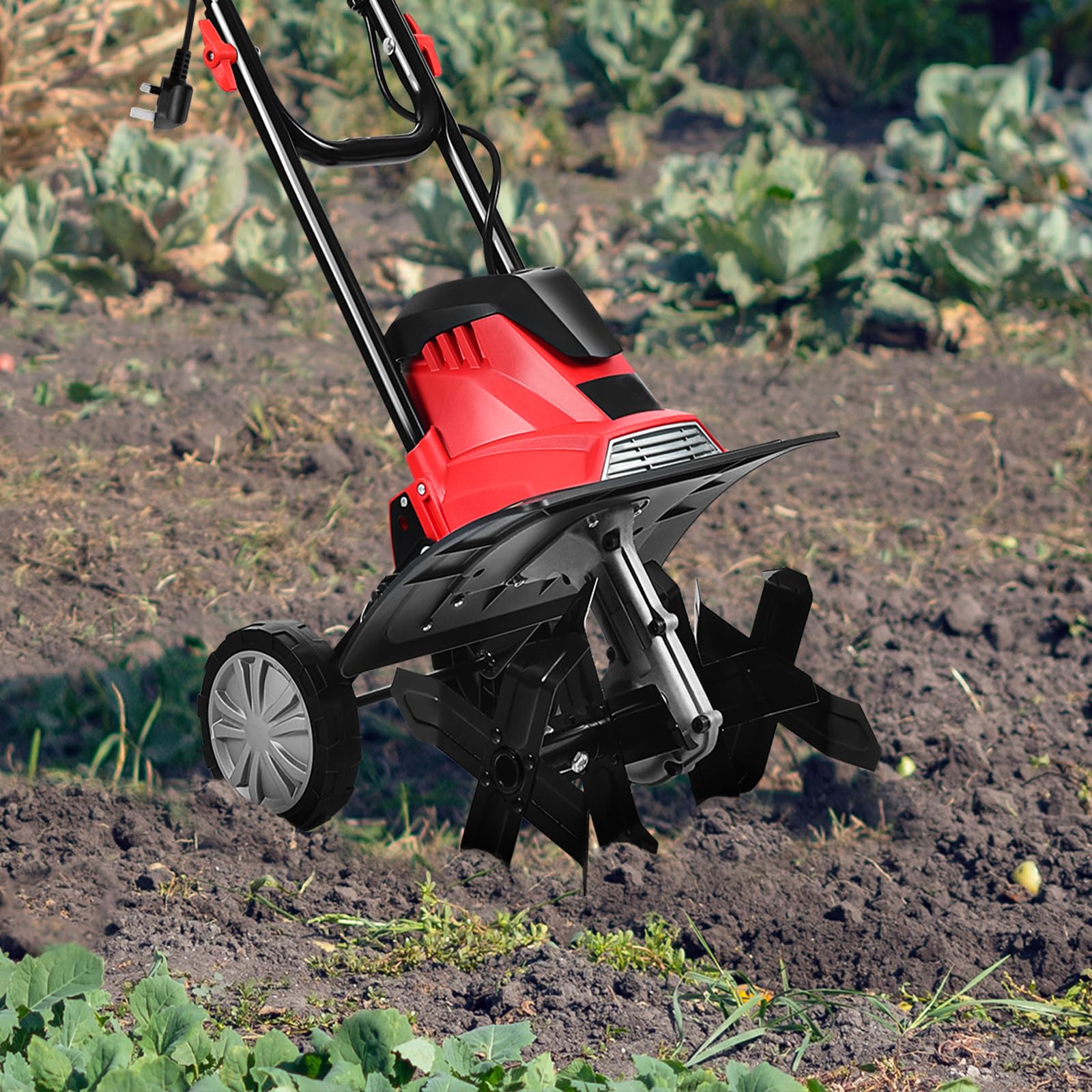 SOARS Motobinadora eléctrica 1500 W, ancho 35 cm, profundidad 22 cm, ruedas plegables y altura ajustable, diseño doble seguridad, motocultor eléctrico para invernadero, jardín, campo, patio trasero (4