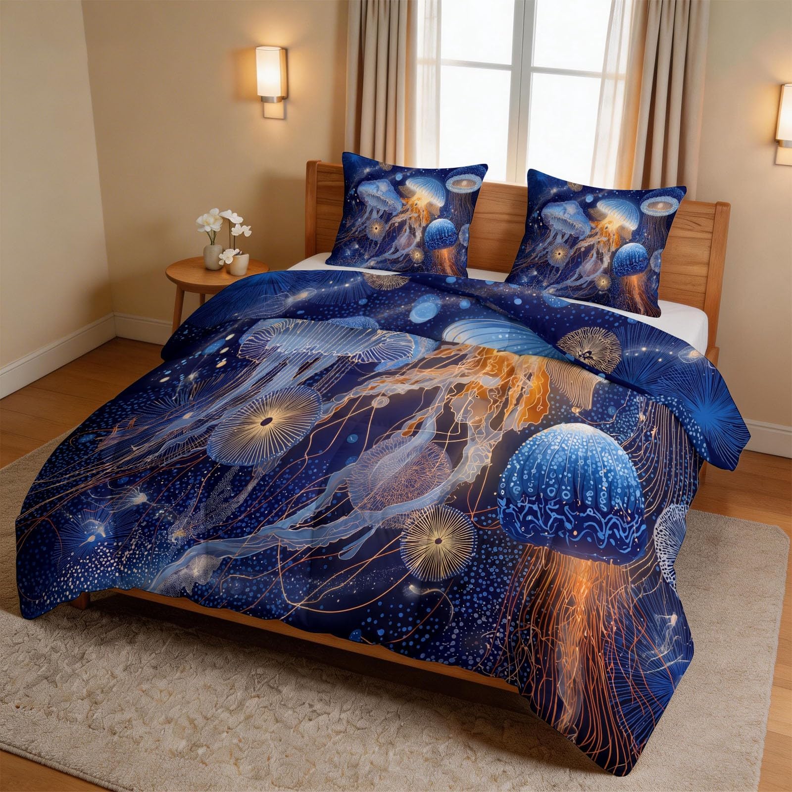 Kołdra 200 x 220 cm, zestaw kołder na 4 pory roku – Fantasy, gwiaździste niebo, koc do spania bez poszewki, ciepła i miękka, nadaje się do prania, całoroczna kołdra – ocean meduza punktowa pościel na