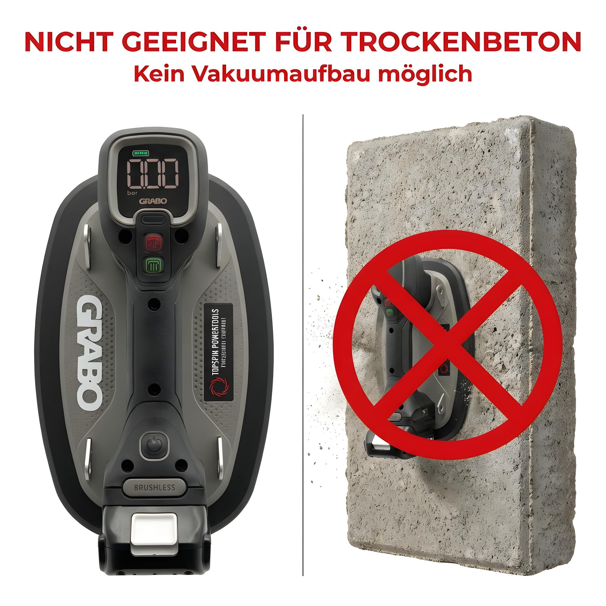 GRABO Pro Brushless Vakuum Saugheber 120 kg [Marken Akku-kompatibel] Elektrischer Fliesenheber & Glasheber mit Digitalanzeige Akku Saugheber für Fliesen, Glas & Stein inkl. TANOS Systainer³ (GPB-MAT)