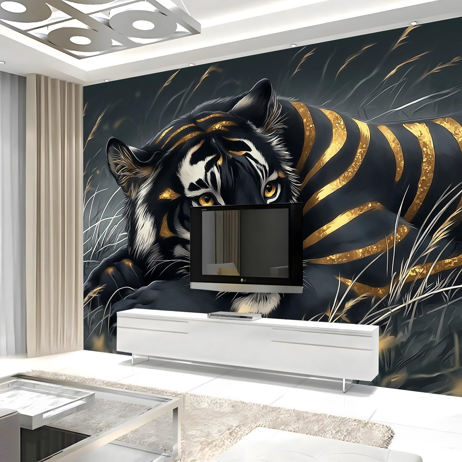 Tapeta fantazyjne zwierzę czarny tygrys złote paski 300 x 210 cm zdjęcie plakat mural tapeta, zrób to sam sztuka ścienna mural tapety, do salonu sypialni przedszkola tło telewizora wystrój domu