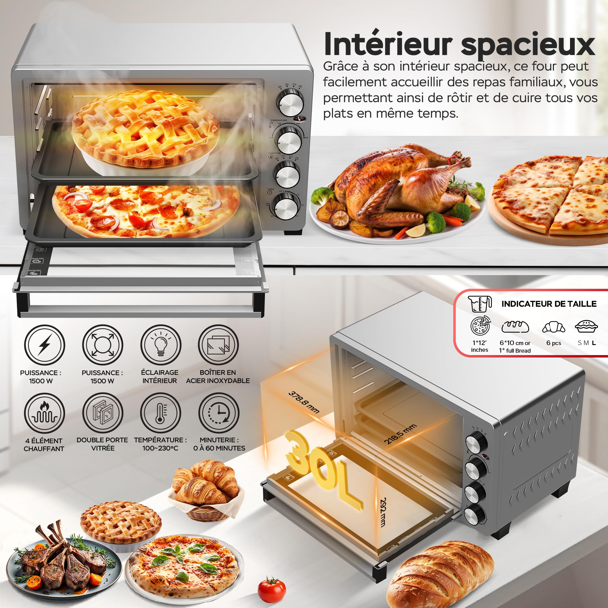 TurboTronic EVS30, Four électrique 30 L, Four posable à chaleur tournante, Mini four, 1500 W, 230°C, Argent