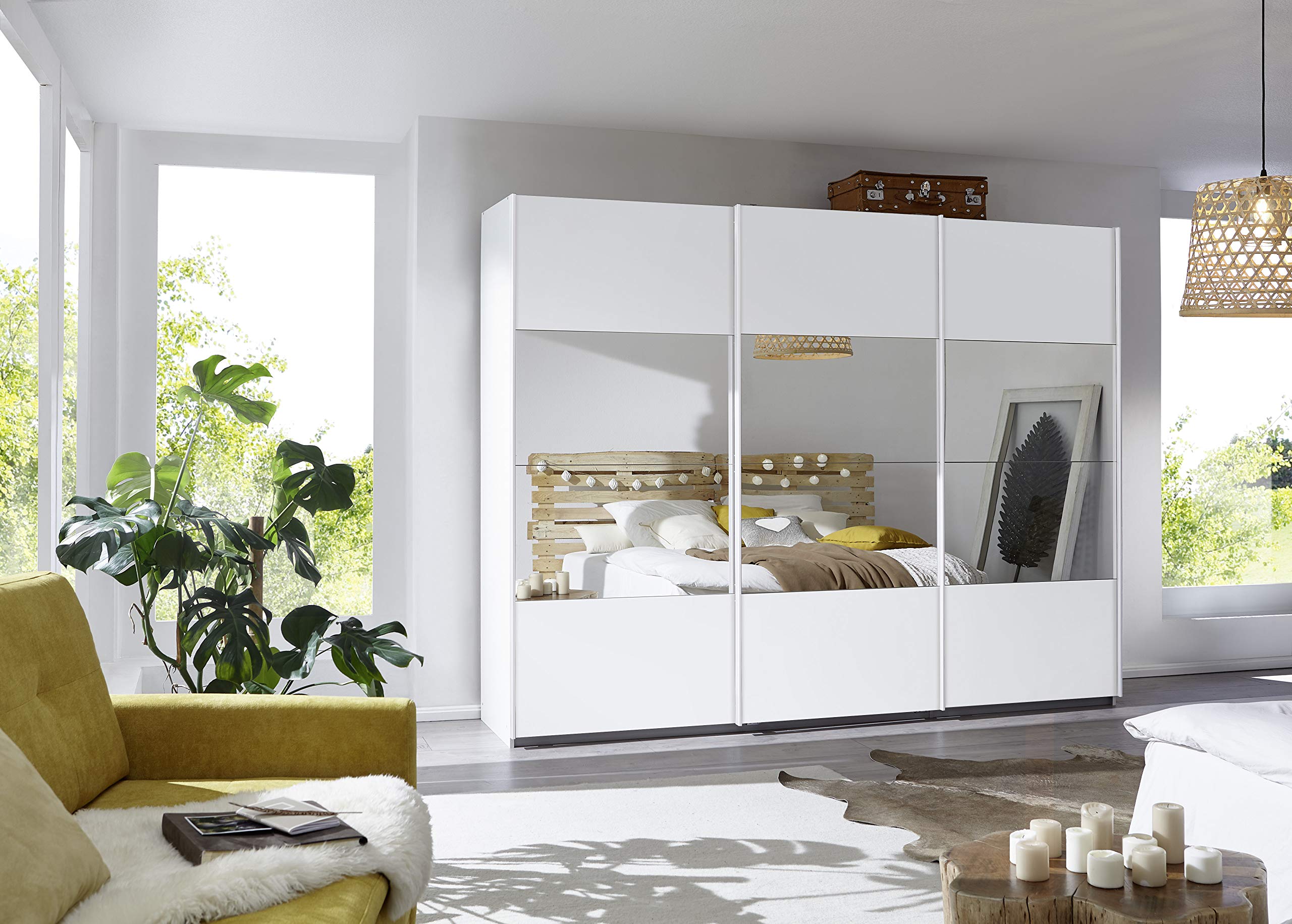 Rauch Möbel Quadra - Armario de 3 Puertas con Espejo, Incluye Accesorios Classic con 3 Barras para Ropa, 5 estantes y 1 Barra de Ganchos, Color Blanco Alpino, 271 x 210 x 62 cm