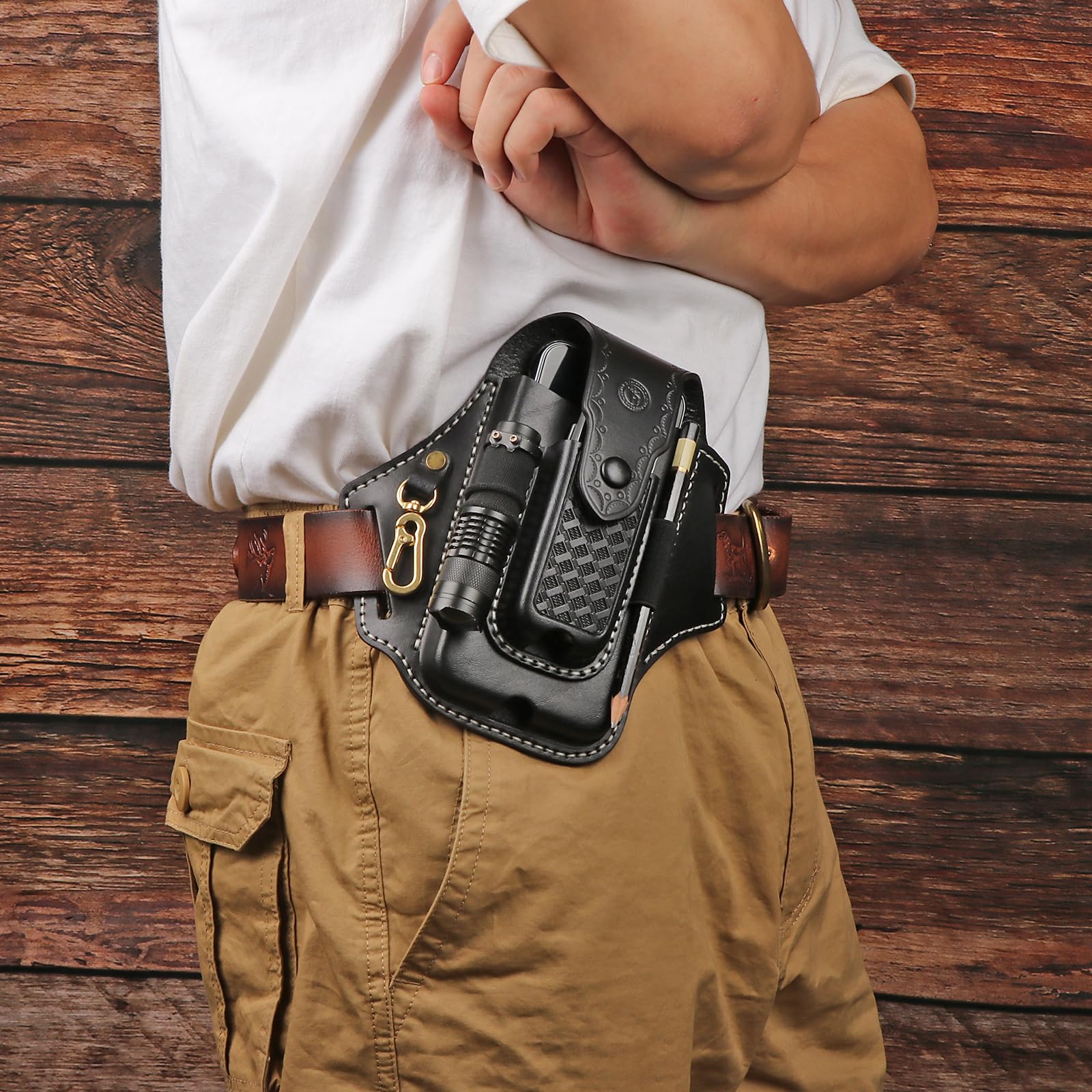 TOURBON Multitool Fodero in Pelle per Cintura EDC Tasca Organizer Porta Telefono per Uomo con Torcia Penna Portachiavi