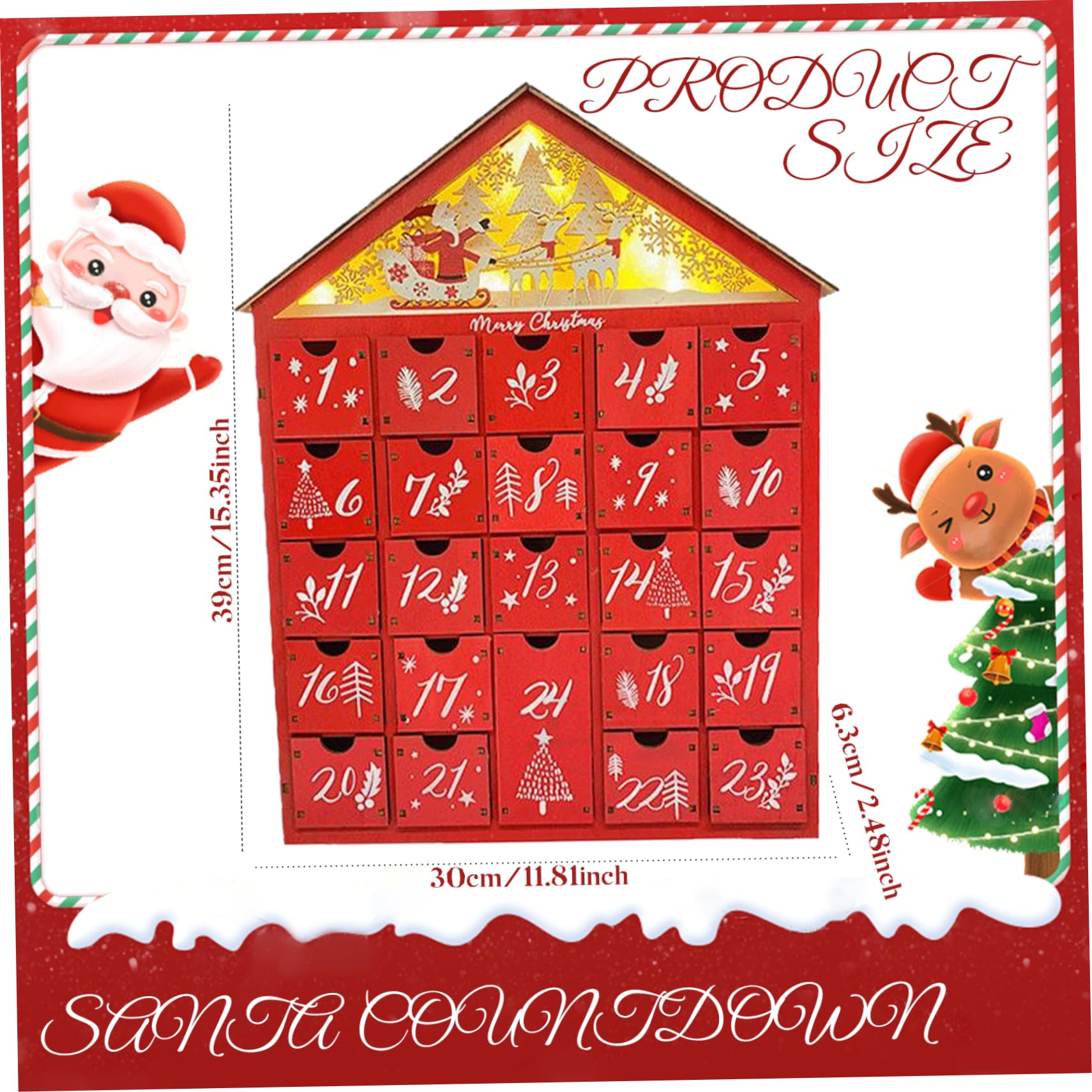Calendario de Adviento navideño con 24 cajones de almacenamiento Calendario de Adviento de madera LED con árbol de Navidad y casas DIY ideal para adultos y niños Decoración navideña