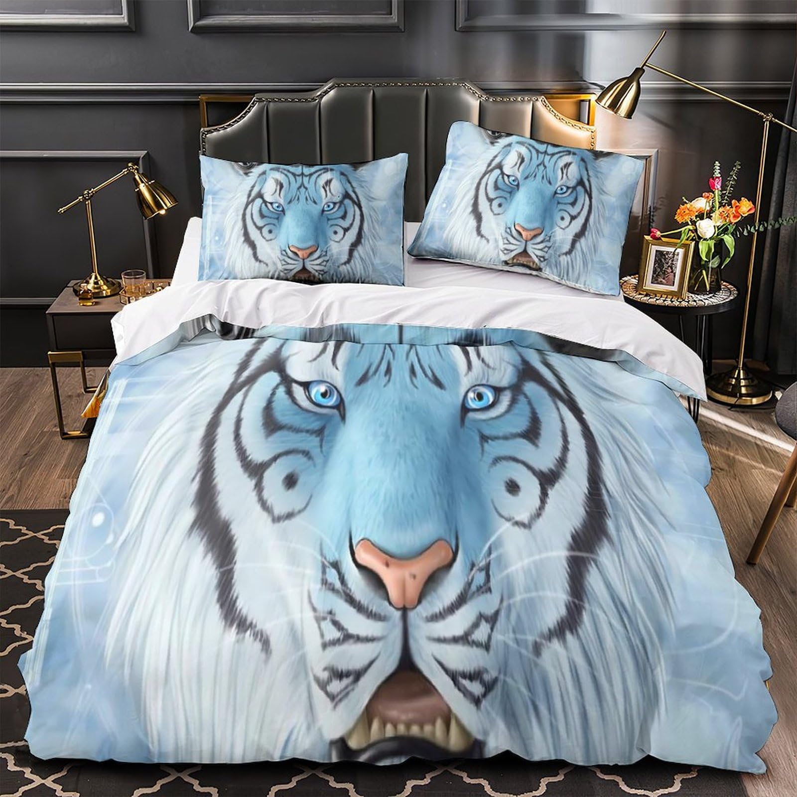 Housse de couette tigre bleu anti-acarien parure lit fermeture éclair