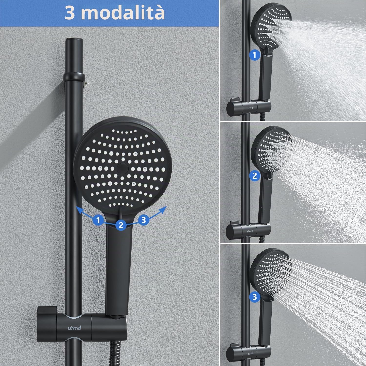 Asta Doccia,70 cm Nero Set Colonne Doccia Senza Miscelatore, Set Colonna Doccia con Flessibile e Supporto, Doccetta 3 Modalità di Getto, Saliscendi Doccia con Distanza di Montaggio Regolabile