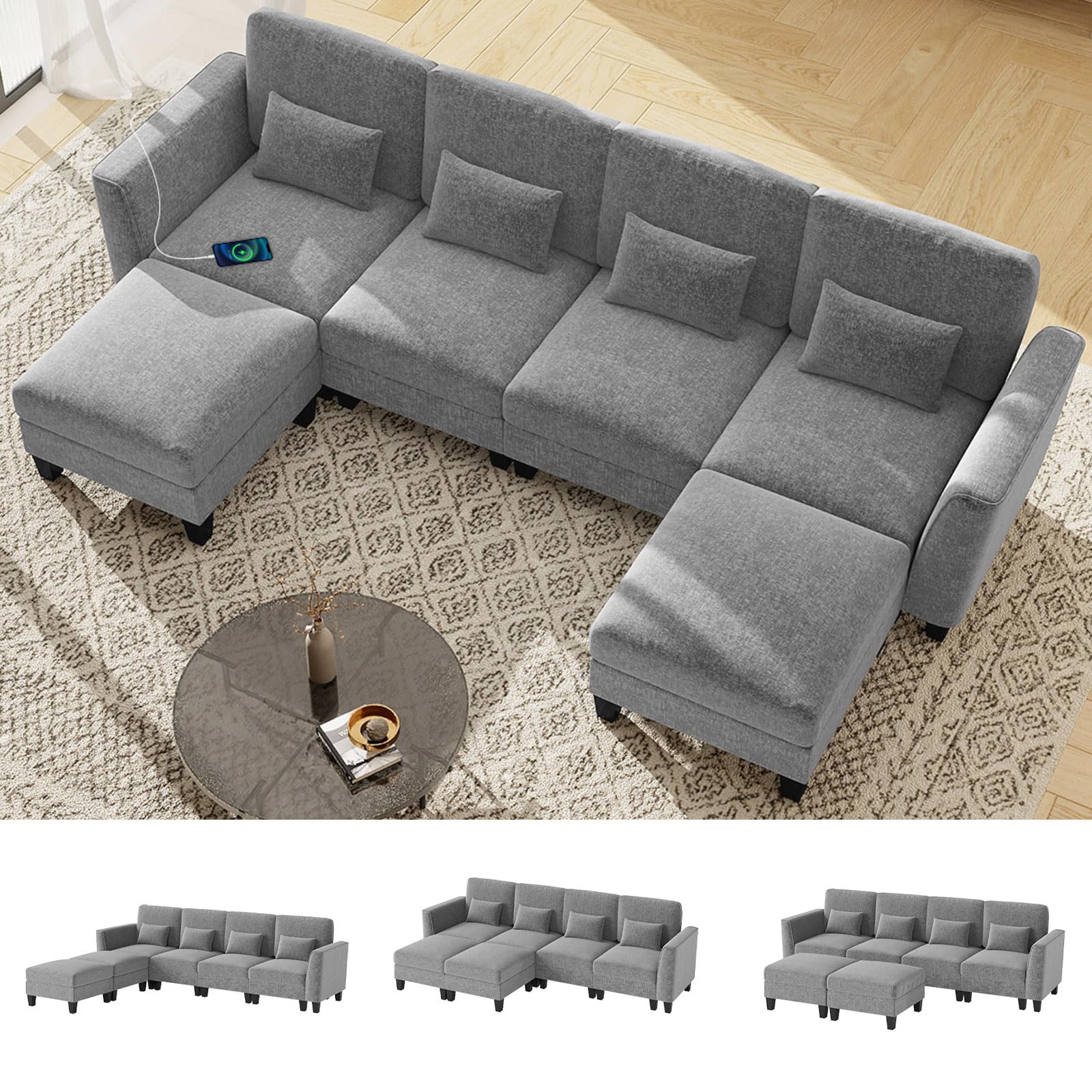 COSTWAY Sofá Modular en Forma de U de 280x144x84 cm, Sofa Chaise Longue con 2 Otomanas, Puertos de Carga USB y Tipo C, Almohadas, Sofá Cama Esquinero de 4 Plazas para Sala de Estar Dormitorio (Gris)