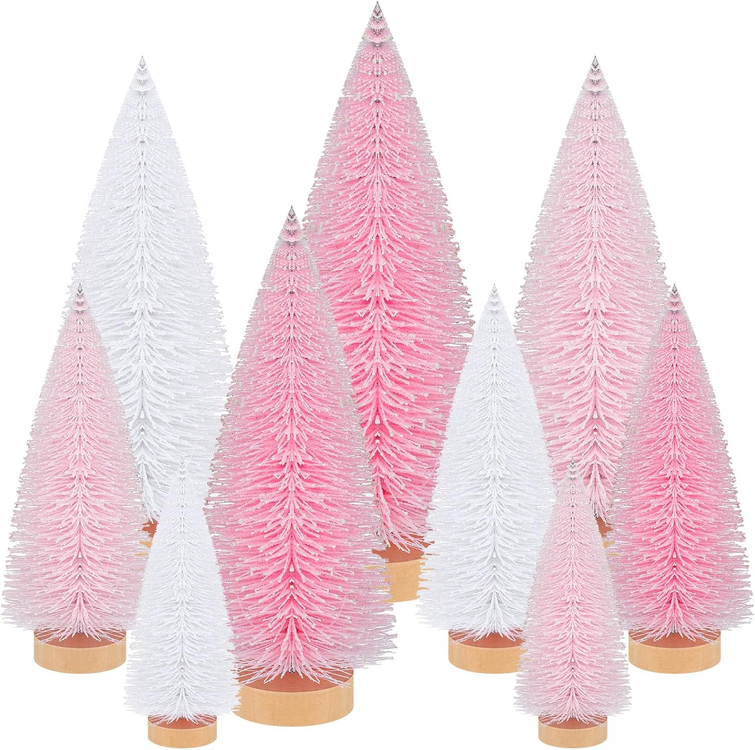 Leyndo 9 Pcs Pink Classic Artificial Mini Christmas Tree Sisal Bottle Brush Trees with Wood Base Christmas Pine Trees for Autumn Winter Holiday Home Kitchen Party Decor Classic Pink 9