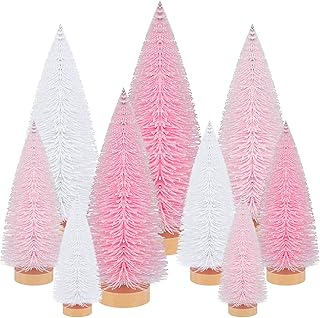 9 Pcs Artificial Mini Christmas Tree Xmas Sisal Bottle Brush Trees with Wood Base Christmas White Pink Pine Trees for Christmas Party Table Top Decor Winter Ornaments Home Kitchen DIY Crafts