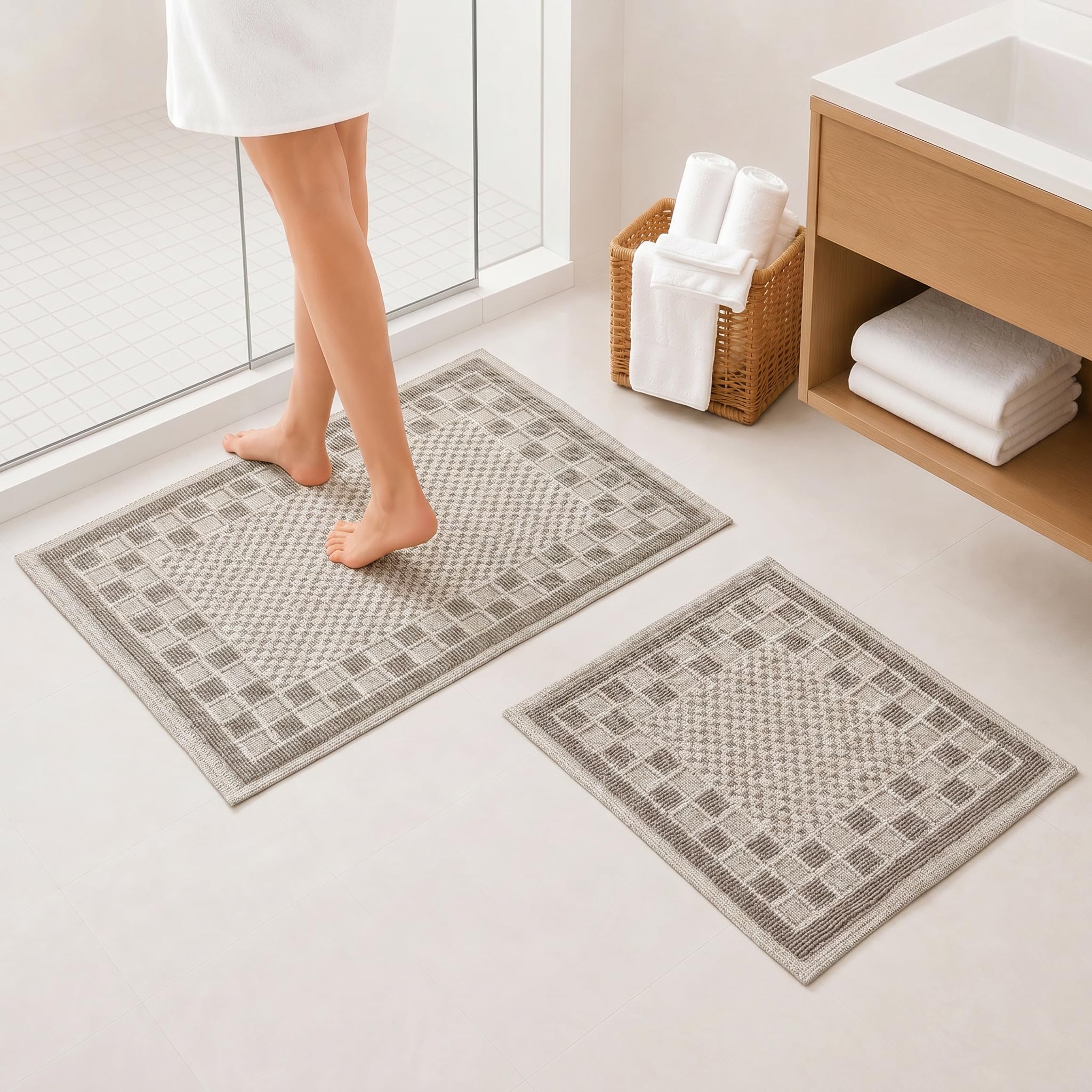 Ruglenza 2 Piece Cotton Bathroom Mat Set, Cream/Beige
