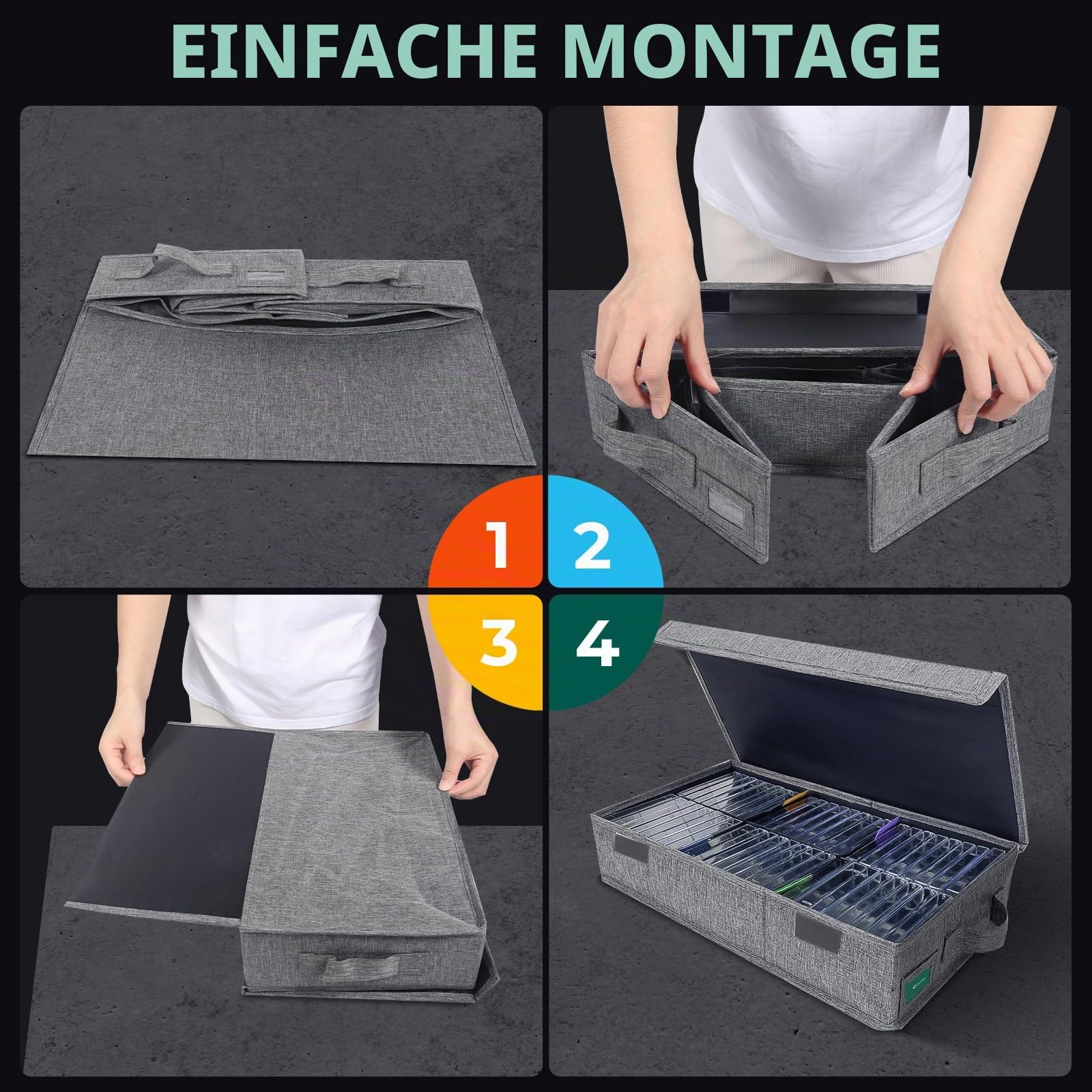 Kassetten-Aufbewahrungsbox, 3 Stück, robuster Kassettenhalter, 41 x 24 x 8 cm, Kassettenregal mit Deckel und Index-Etiketten zur Aufbewahrung von 144 Kassettenhüllen, Grau