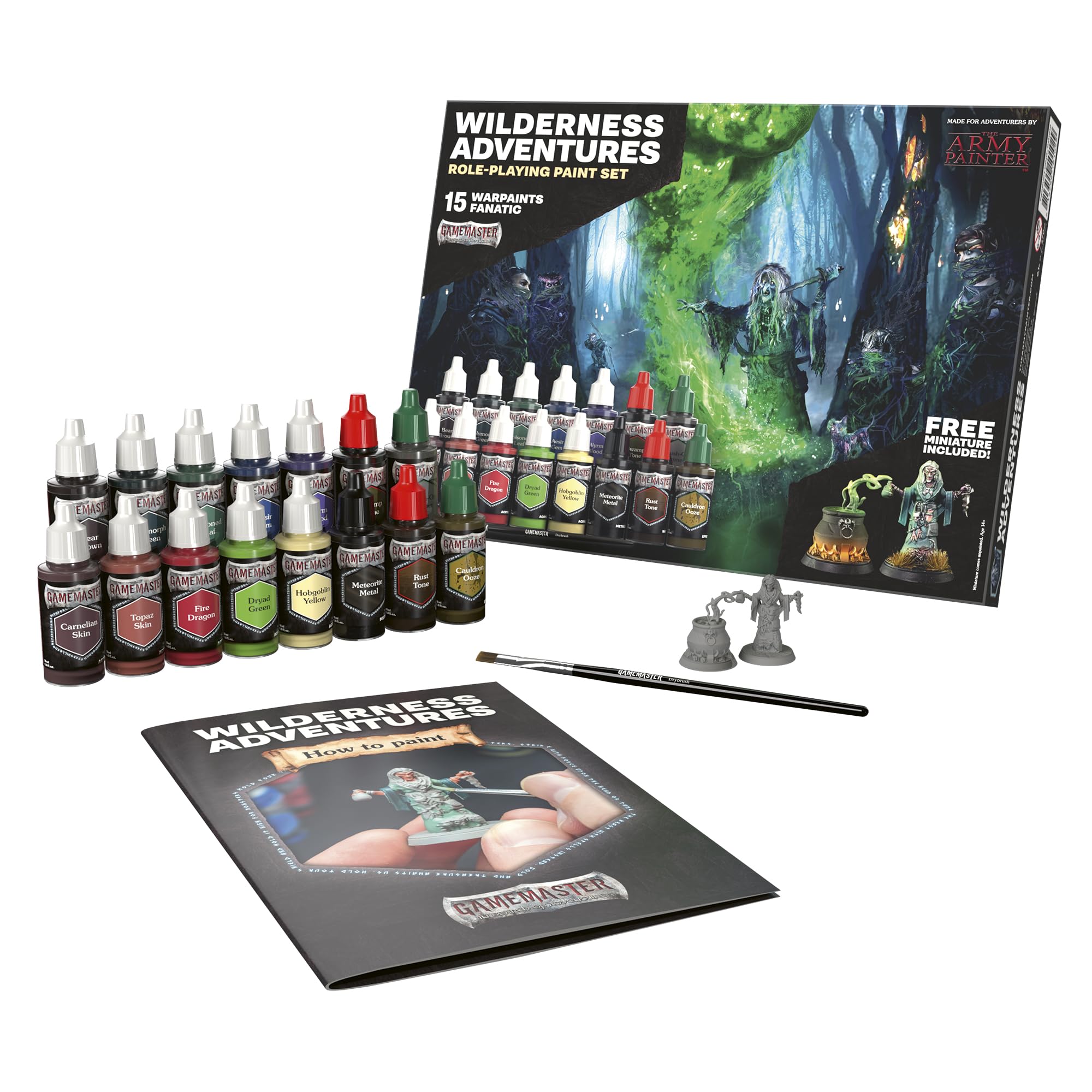 The Army Painter, GameMaster: Wilderness Adventures Paint Set, 15 x 18 ml | Farby akrylowe Warpaints Fanatic, w tym 1 pędzel do suchego malowania i 1 plastikowa figurka Hag