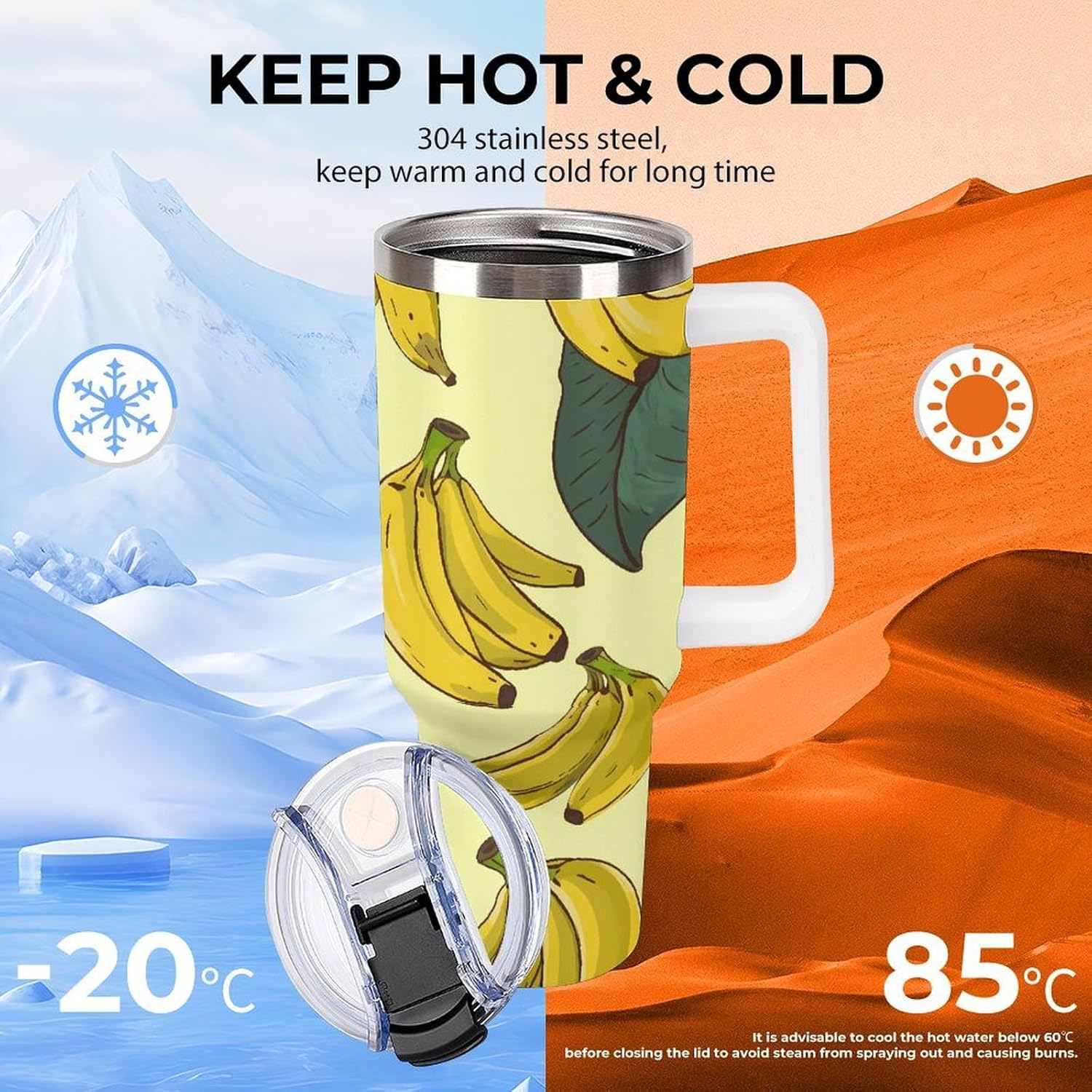 Banana Print Tumbler Stainless Steel Large Car Cup with Handle&Straw Lid Portable Coffee Cup Leak-proof Water Bottle Insulated Vacuum Travel Mug for Home Outdoor 40oz