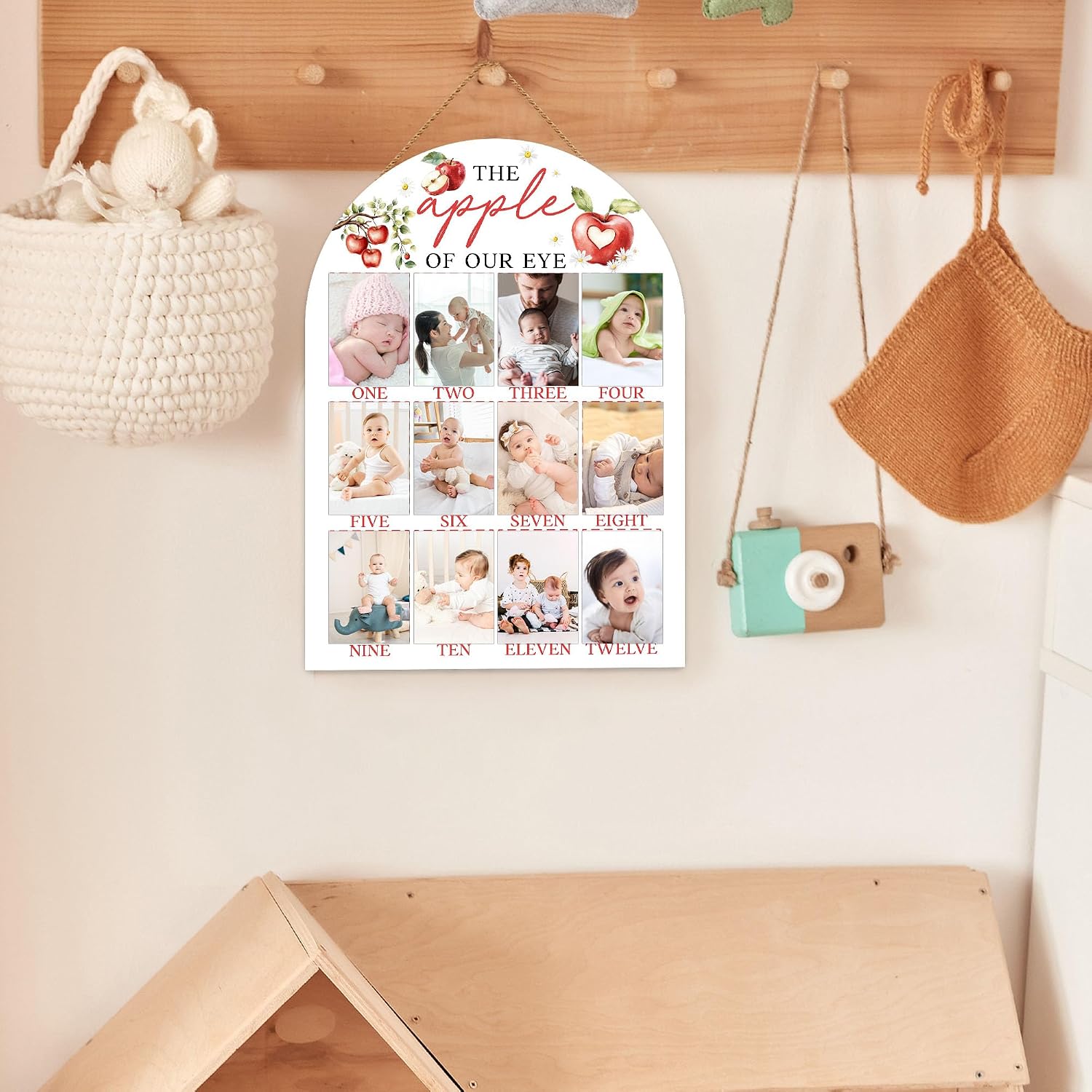 My First Year Photo Board, The Apple of Our Eye Birthday Decoration Photo Frame, 12 Monthly Baby Milestone Wooden Sign, Apple Nursery Decor for Girl Boy, Gender Neutral Baby Keepsake Gifts-A14