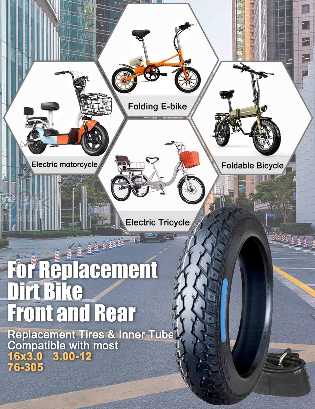 Set di pneumatici e camere d'aria per bici elettrica 16 x 3,0 76-305, design a 8 livelli, 16 x 3,0, antiforatura, per bici elettrica con valvola piegata, camera d'aria compatibile con E-Bikes Dirtbike