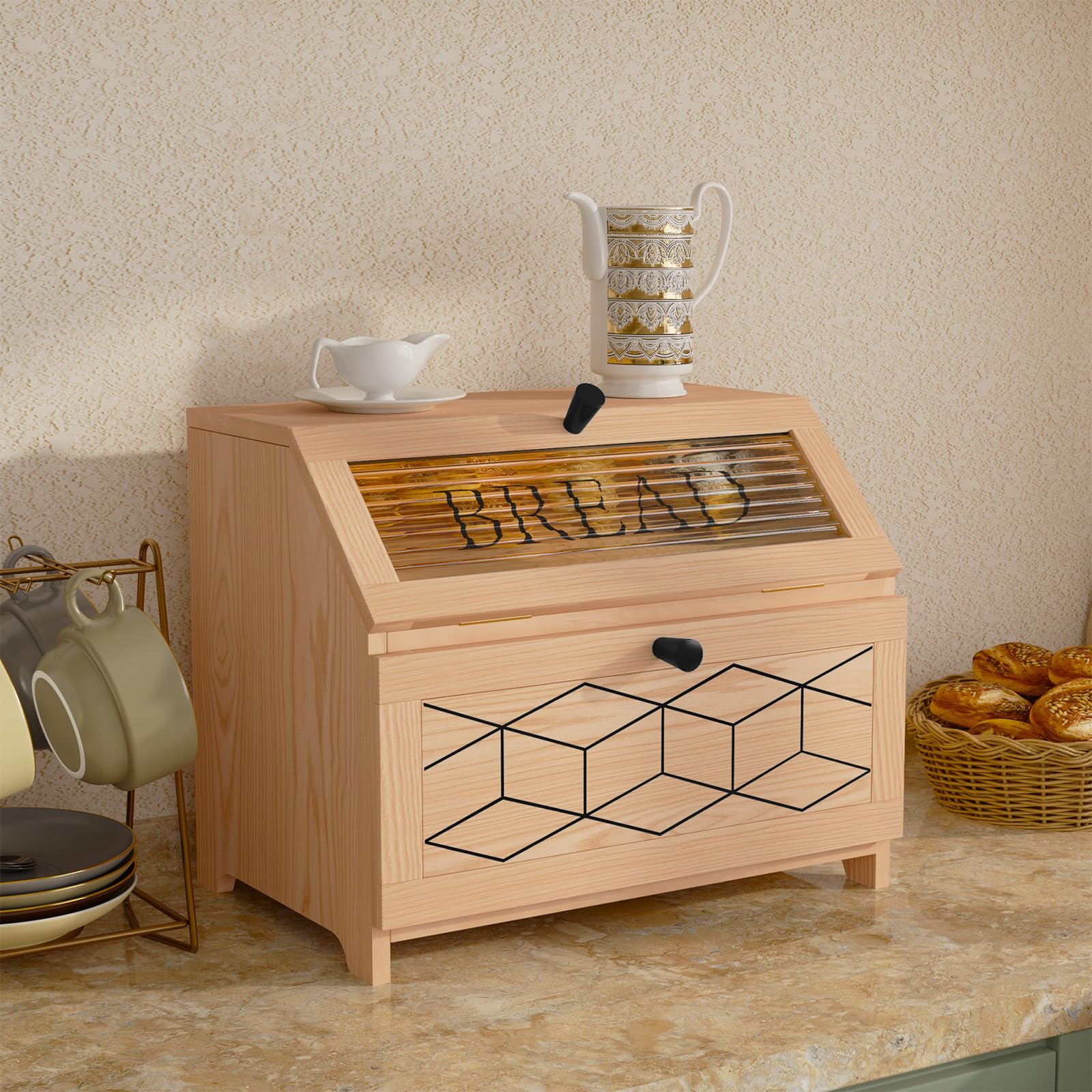 Double boîte à pain pour cuisine, boîte à pain en bois de chêne